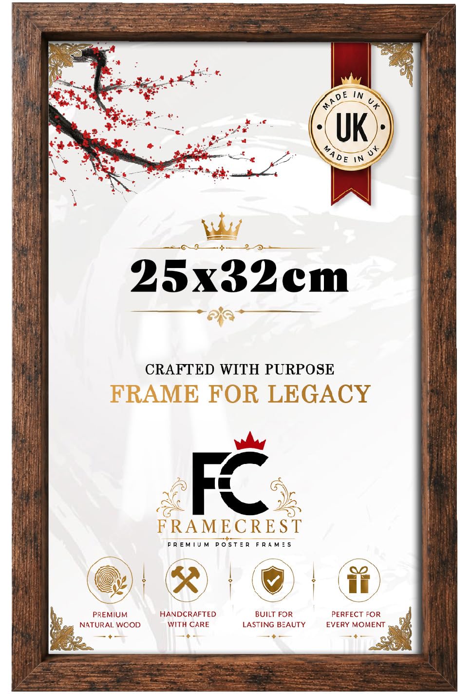 FRAMECREST Stunning 25x32cm MDF Poster/Photo Frame |Solid Engineered Wood/MDF Crystal Clear HD Perspex | Living Room & Office Wall Gallery Décor -[Rustic]