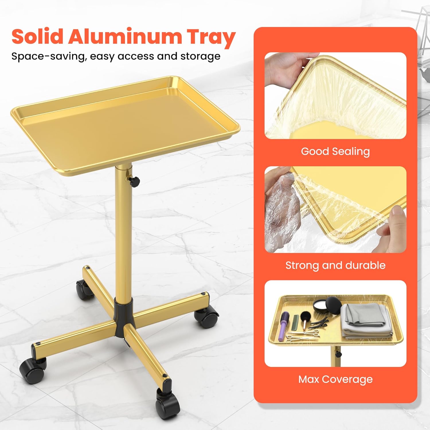 TASALON Rolling Salon Cart, Mobile Styling Station with Wheels Aluminum Rolling Tray Trolley for Salon Essentials, Adjustable Heightfor Hairstylist Tray with 10 PCS Disposable Salon Tray Cover,Gold