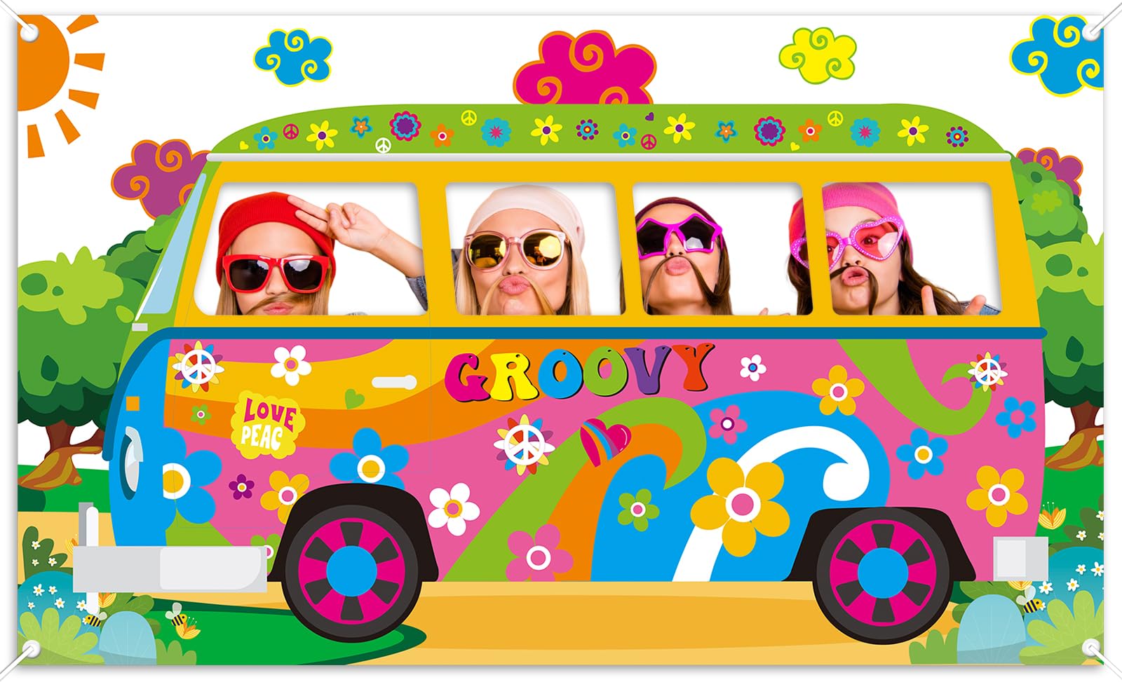 Groovy Hippie-Boho-Banner Set – 4 Stück, Papier, Mit Gänseblümchen & Peace-Bus, Für Partys & Deko