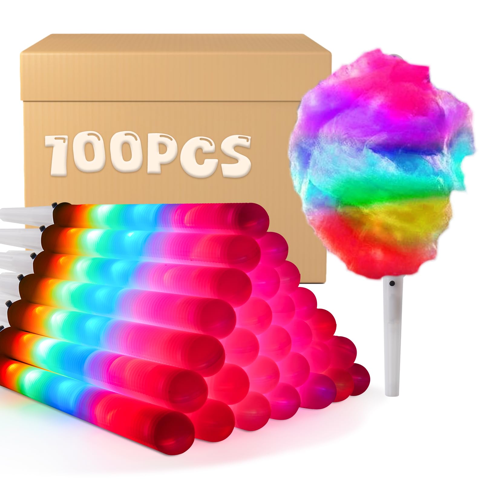 100 conos LED de algodón de azúcar, palitos de algodón brillantes para fiestas, soportes de algodón reutilizables e impermeables, colores vibrantes para Navidad, cumpleaños y eventos