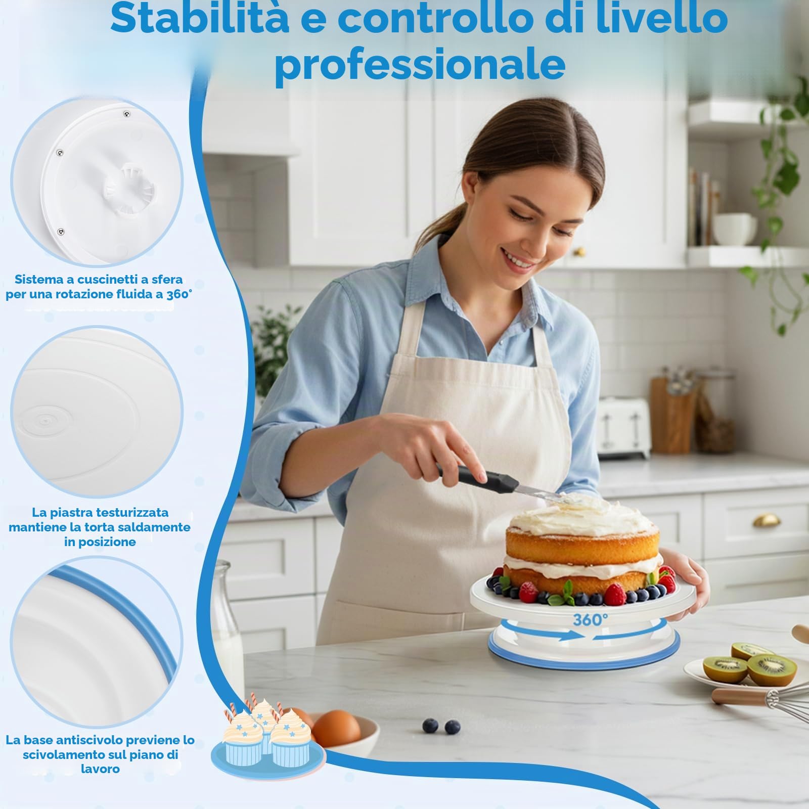 Ohuhu Piatto Girevole per Torte, 11 Pollici Piatto Girevole with Base Antiscivolo e Accessori - 2 Spatola Liscia e 3 Pettini Liscia, Kit Pasticceria per Decorare Torte, Scelta Regalo Perfetta