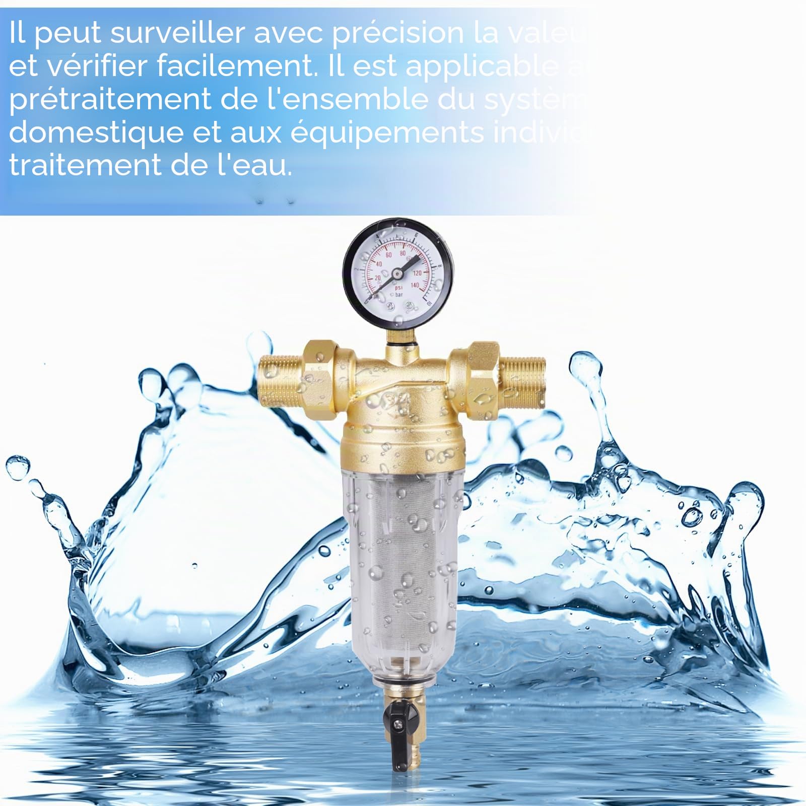Filtre à eau réutilisable : filtre à eau de 2,5 cm, filtre à eau, pré-filtre à sédiments, combinaison de filtres avec adaptateur 3/4", pré-filtre lavable pour raccordement à la maison de la