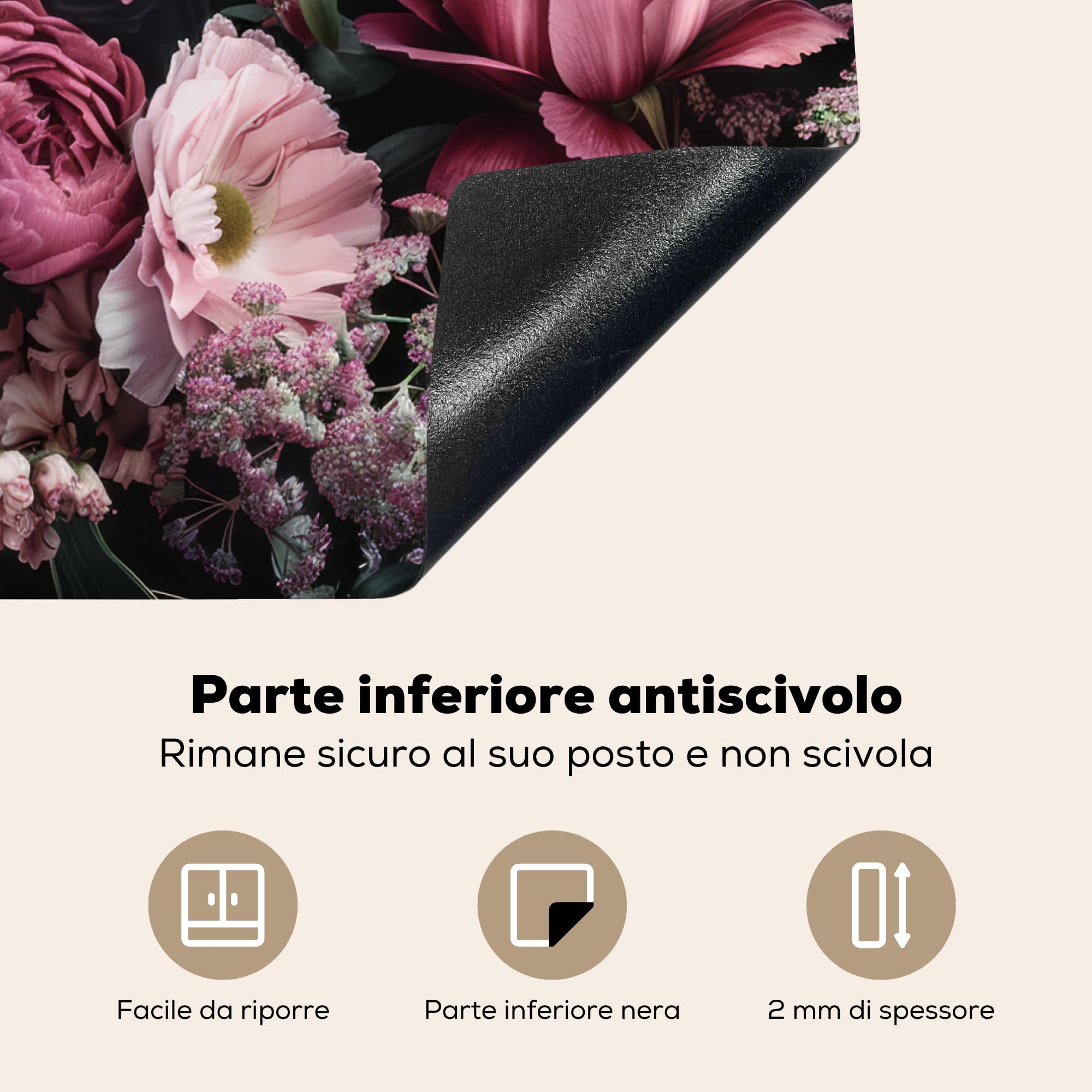 KitchenYeah© Copri Piano Cottura 60x52 cm Coprifornelli Tappetino per Induzione Fornello Tutto per la Cucina Fiori - Rosa - Natura - Nero