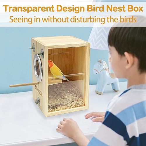 Miniatura 10 de BNOSDM Caja nido de periquitos transparente para cría de pájaros, caja nido de madera natural para pájaros con fibra de coco para tortolitos conure