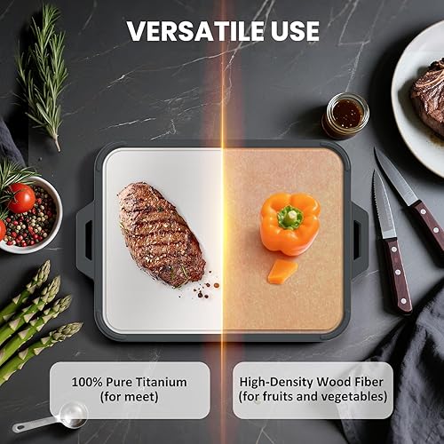 Miniatura 2 de Tabla de cortar de titanio para cocina, tabla de cortar de titanio puro de doble cara y fibra de madera con ranura para jugo, material de grado