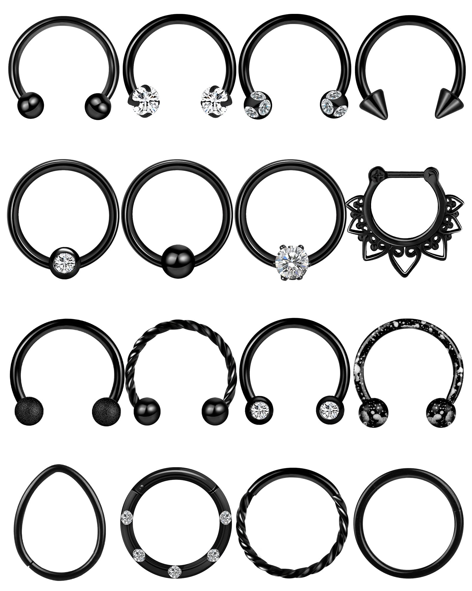 Defrsk16-32Pcs 16G Septum Rings Surgical Steel Nose Septum Jewelry Nose Piercing Jewelry Black Septum Rings Horseshoe Helix Tragus Earring Lip Rings Black Nose Hoop for Women Men