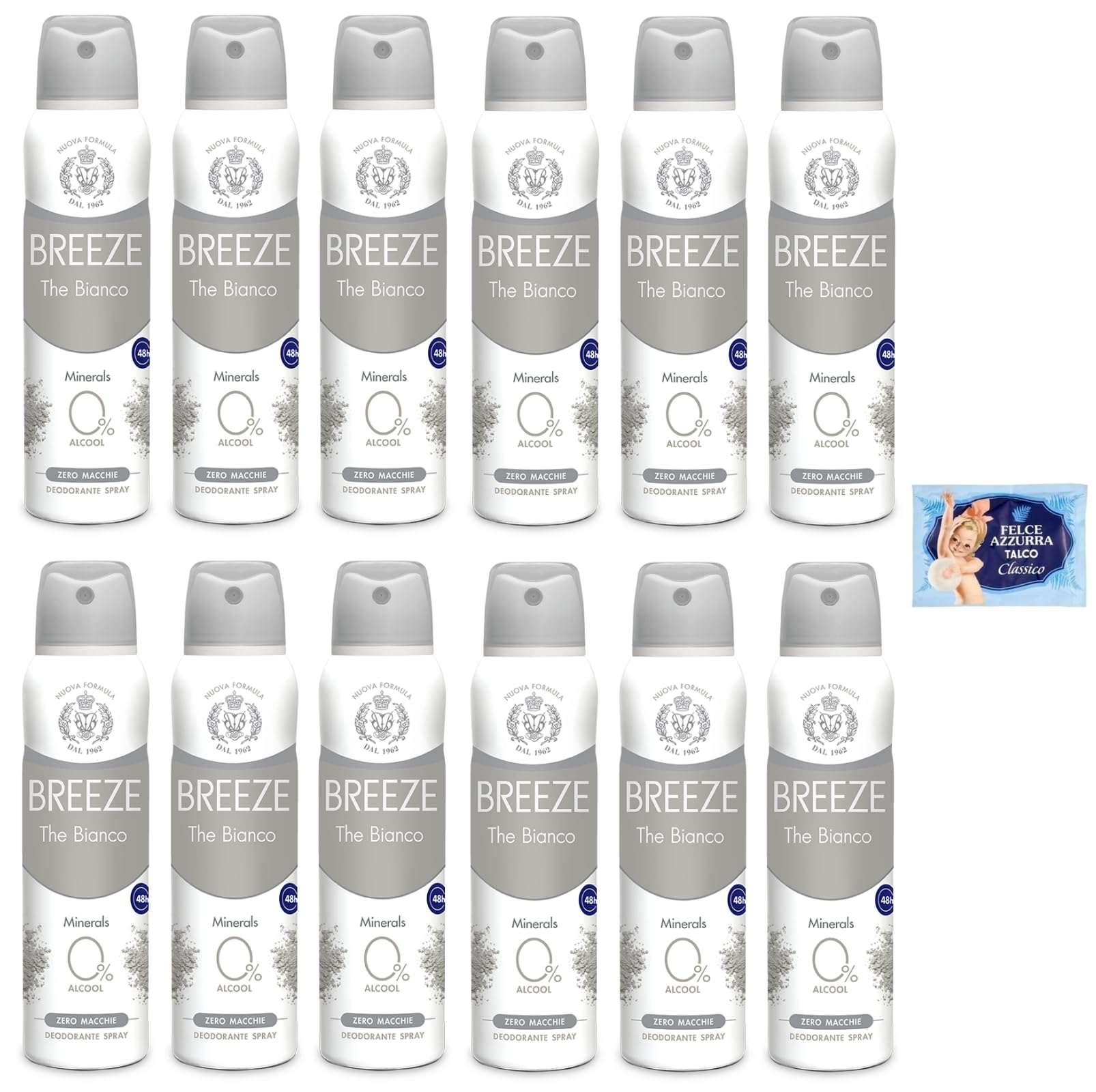 BREEZE Deodorante spray White Minerals, senza macchie sulla pelle, 0% di sali di alluminio 150 ml + 1 confezione di talco Felce Azzurra gratis, 100 g