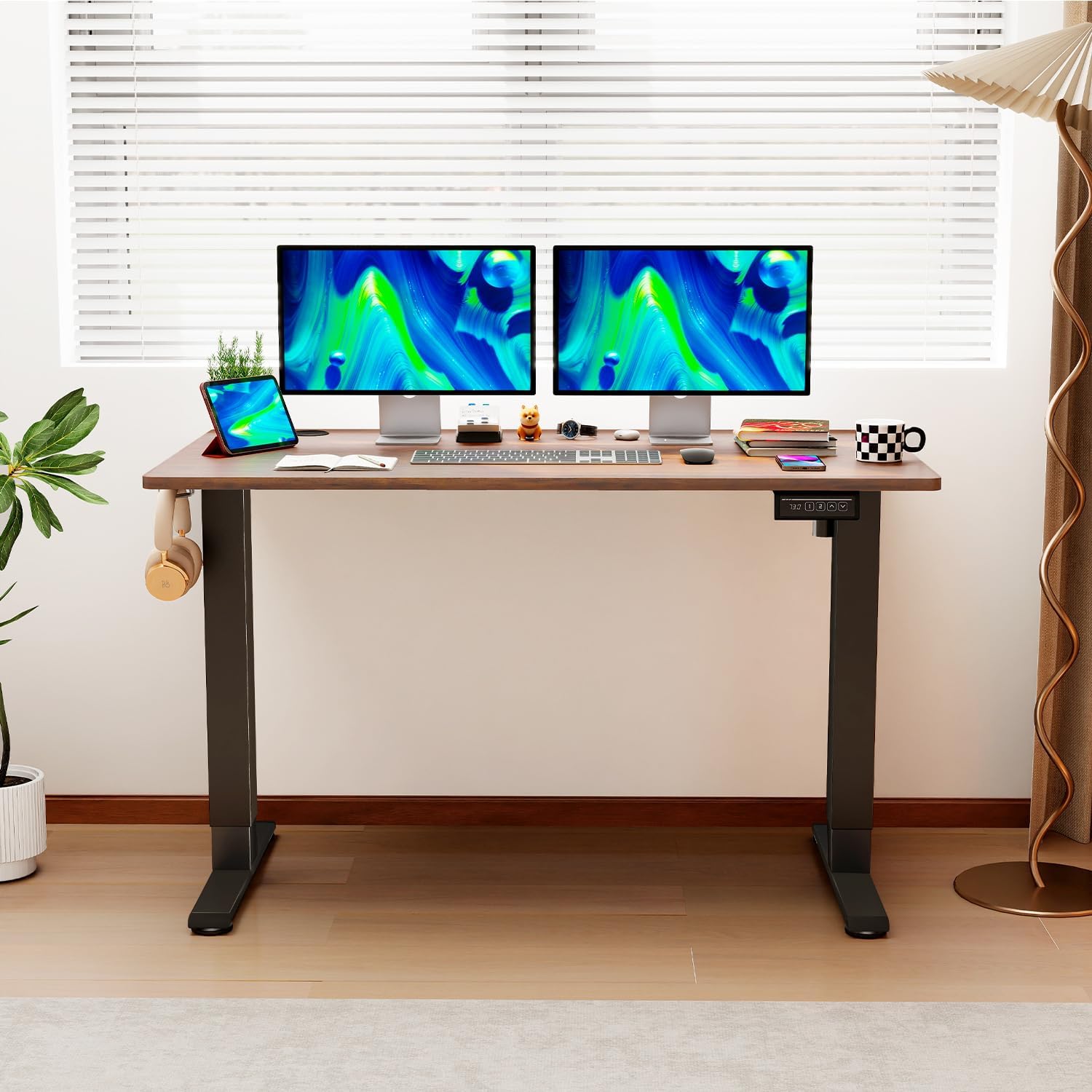 PayLessHere Electric Standing Desk 48x24 Inch Height Adjustable Desk Large Space Office Computer Desk with Headphone Holder 2 Memory Function for Home Office,Brown
