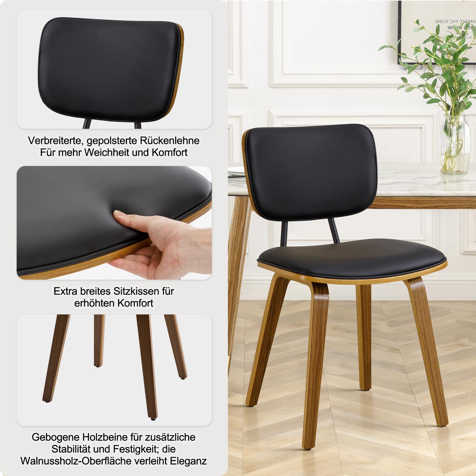 Esszimmerstühle 2er Set aus Bugholz, Gepolstert mit Kunstleder, 48 cm Sitzhöhe, Geschwungene Rückenlehne & Formholz Beine, Bequem & Stabil bis 150 kg Skandinavisches Design für Esszimmer Küche Schwarz