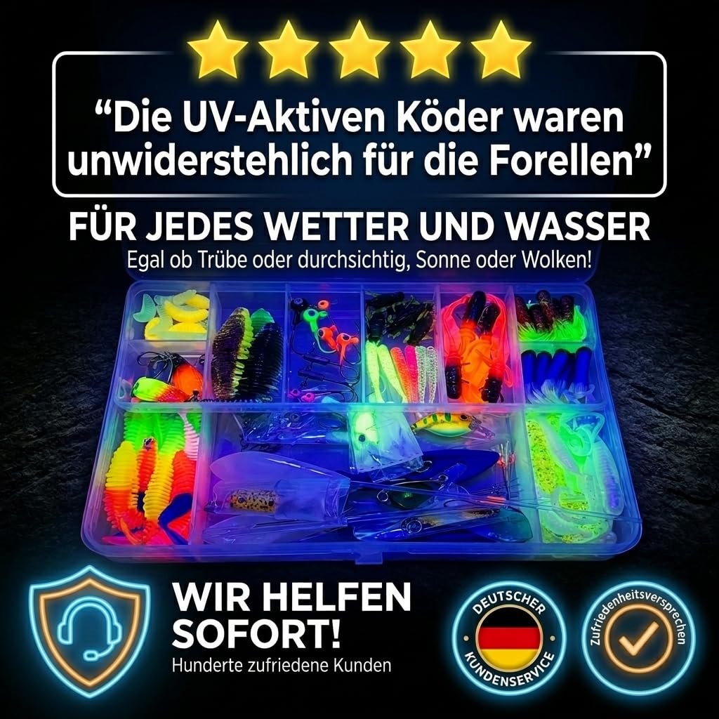 Forellen Angel Set Köder Sortiment Box 126 Teile Komplettset, Spoons Wobbler Spirolino Wirbel Gummiköder | Perfektes Angel Geschenk für Angler | Gummi Forellen Köder Set