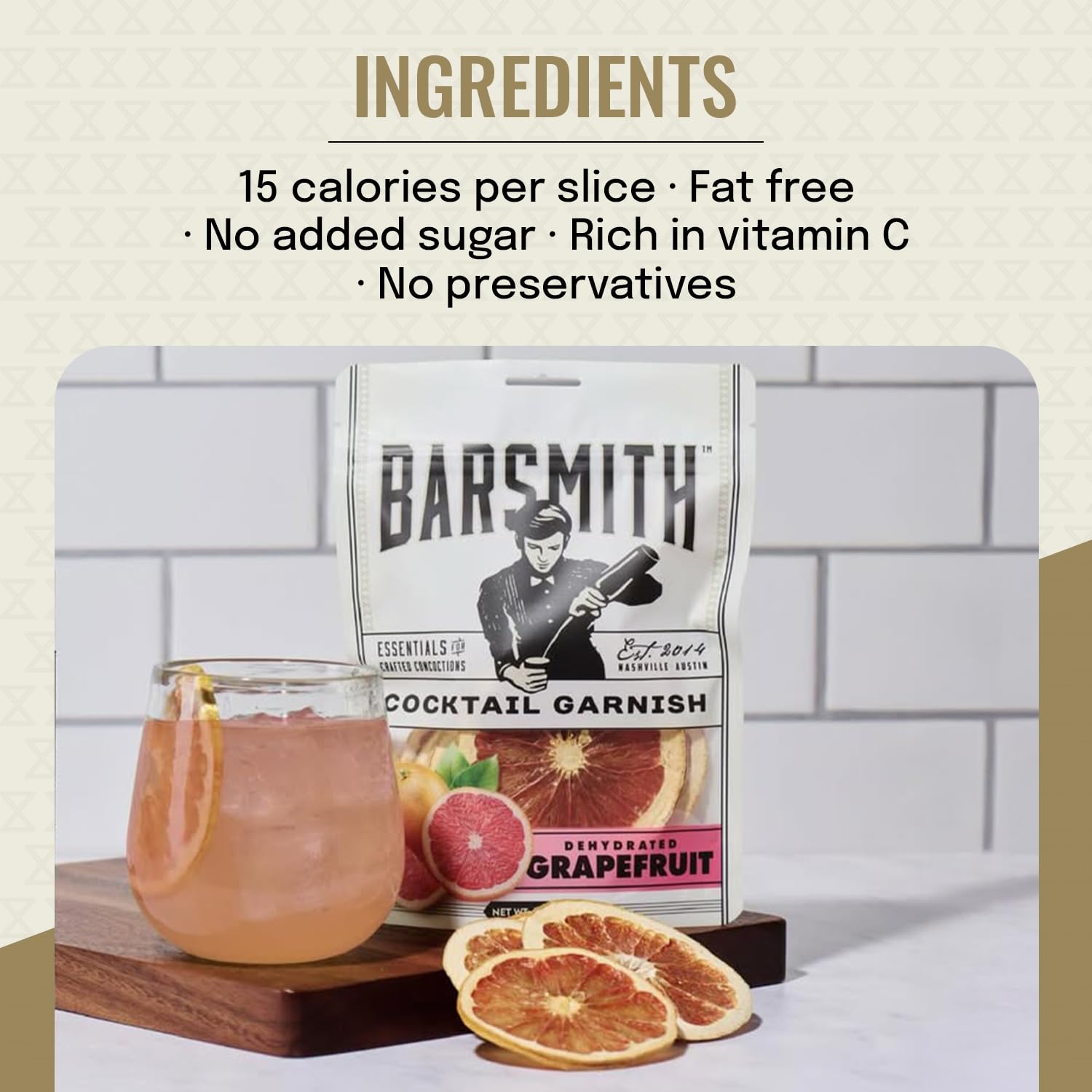Barsmith Dehydrated Grapefruit, Made with 100% Real Grapefruit, Burst of Citrus Flavor, Perfect for Mocktail, Cocktail Garnish & Culinary Dishes, Ideal for Home & Bar Use, 1.6 oz
