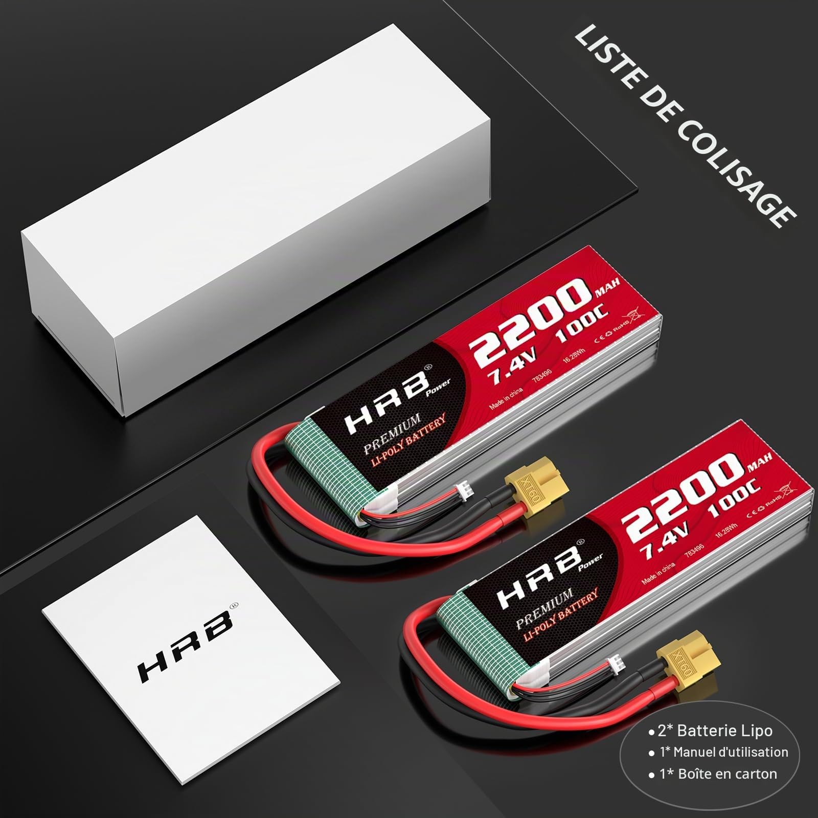 HRB 2pc 2200mAh 7.4V 2S 100C LiPo Battery Pack with XT60 Plug Compatible with Rc Traxxas 1/16 E-Revo VXL Summit Slash Losi 1/14 Mini 8ight and Rc Cars