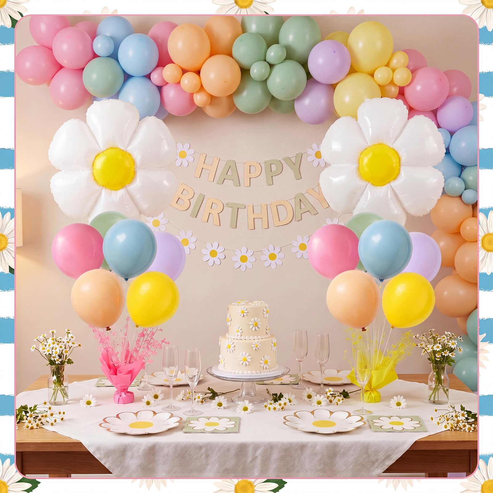 Civaner Lot de 6 supports de ballons de fête en forme de marguerite blanche pastel pour tables de printemps, fête des mères, fête prénuptiale, fête prénatale, mariage