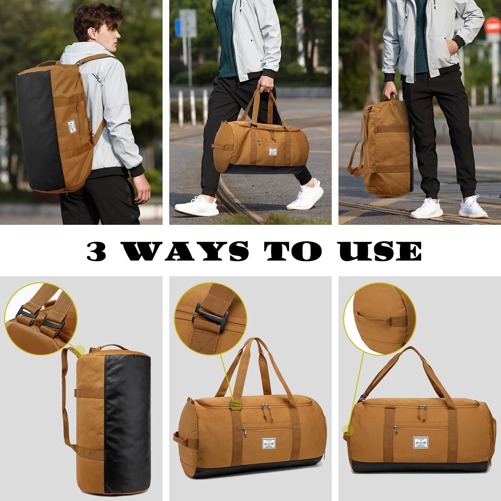 Sac de Voyage Homme 60L Moyen Sac de Sport Week-End avec Poche à Chaussures - Léger pour Randonnée, Camping ou Nuitée - Sac Polyvalent Homme Femme, Marron