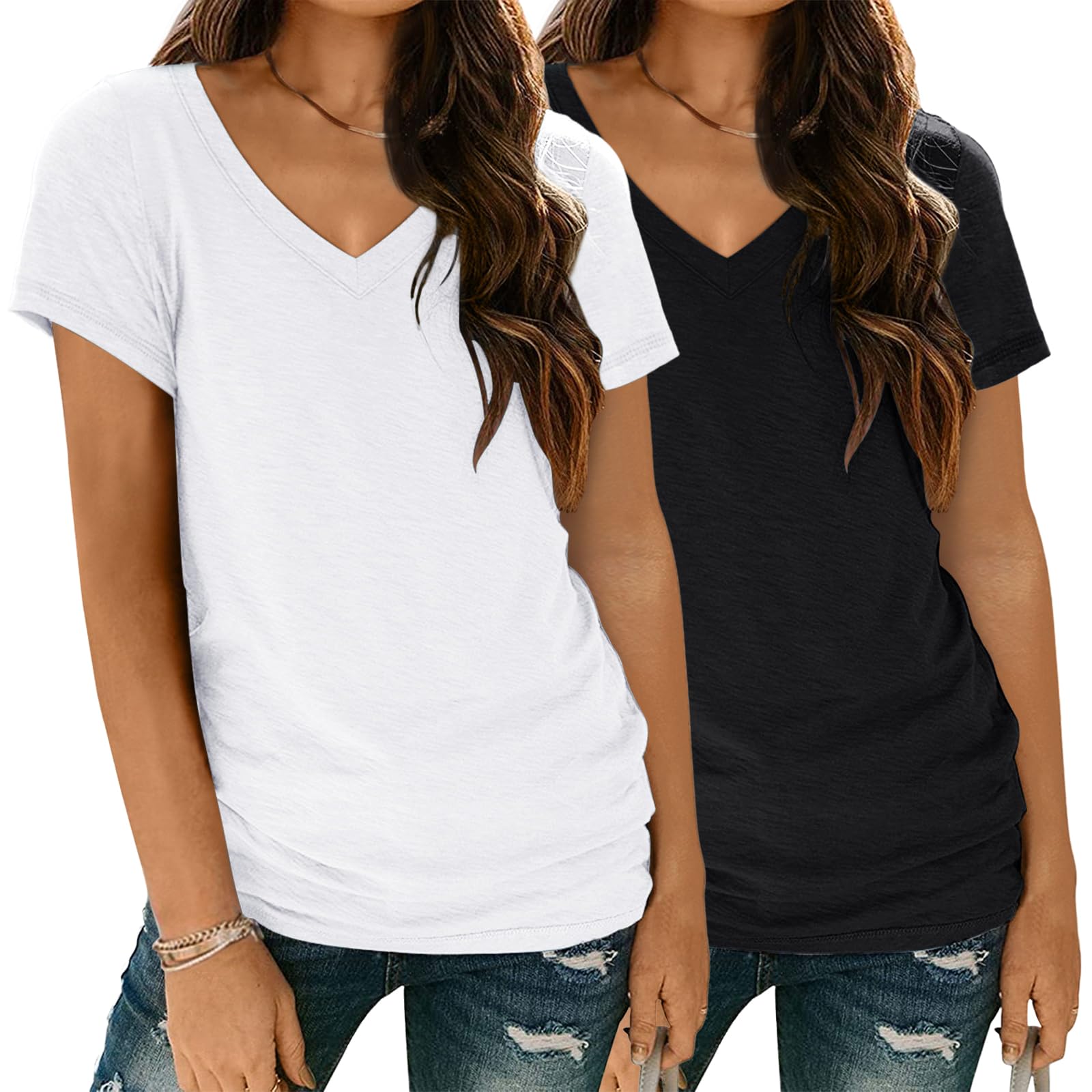 SUNBS Womens 2 Pack T Shirts Short Sleeve Basic Tees V Neck Fashion Tops Loose Fit Lightweight Casual Summer Clothes 2025