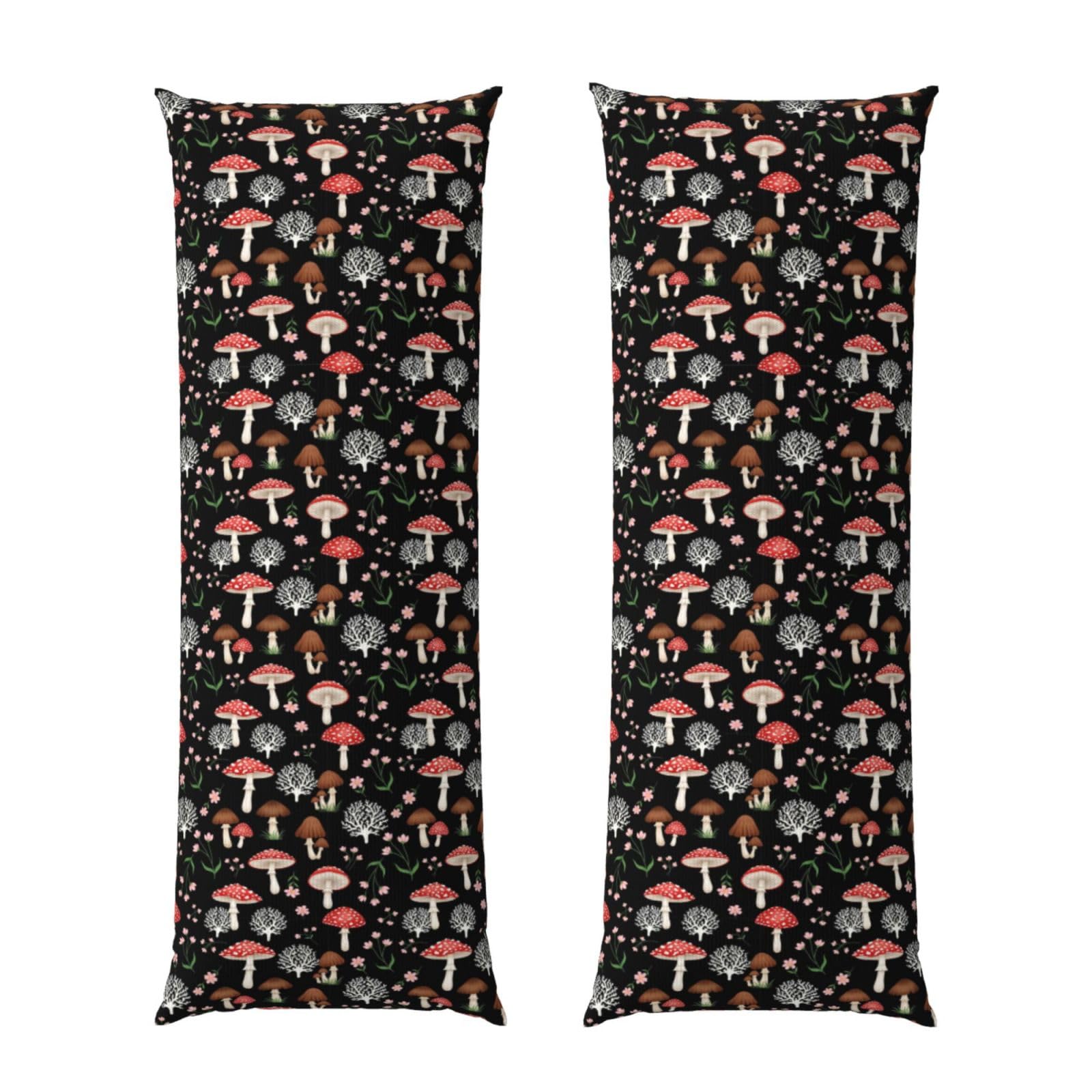 Body Pillow Cover 20x60 Cool Fall Leaves Red Mushrooms Black, Decorative Zippered Pillowcase, Soft Cozy Flannel Fabric, Cushion Case for Couch Sofa Bedroom Home Decor