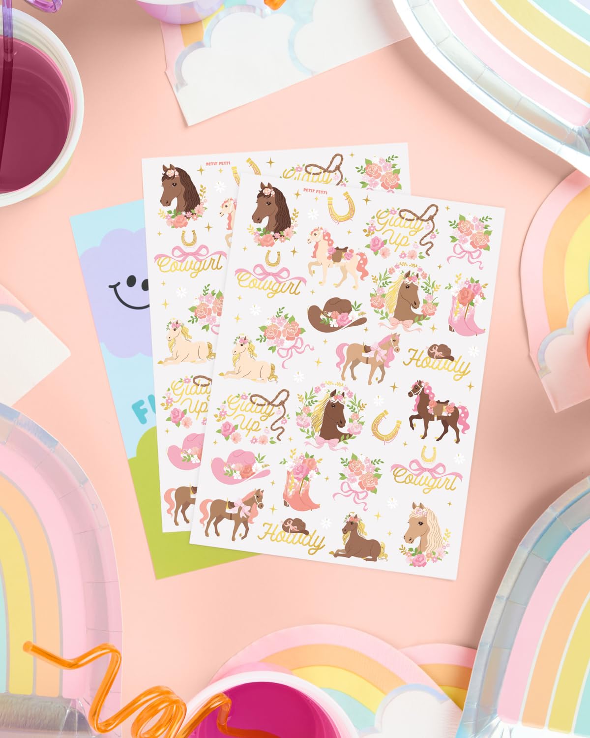 xo, Fetti Pink Horse Girl Temporary Tattoos - 52 Gold Foil Pcs | Cute Cowgirl Birthday Accessory, Pony Bachelorette Party Favor, Cute Kids Activity