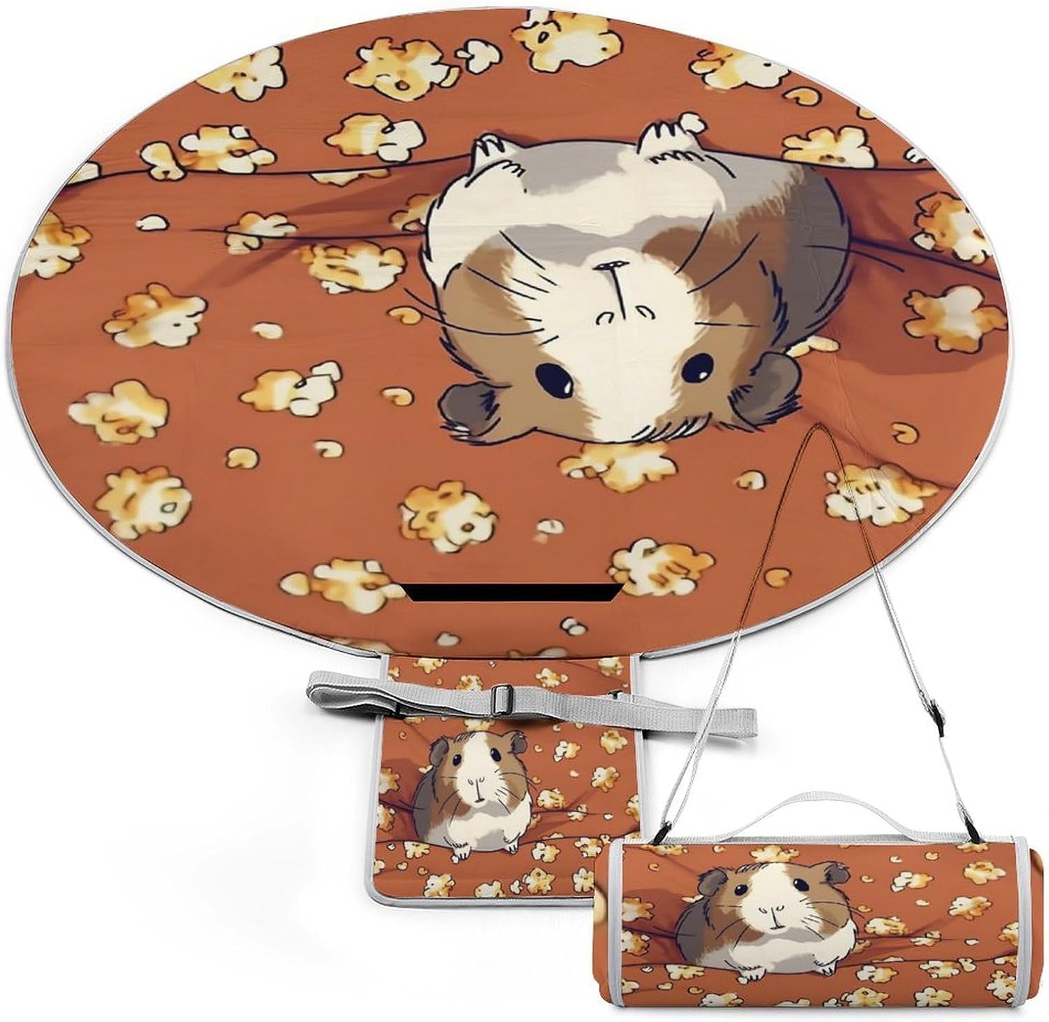 Guinea Pig and Popcorn Round Outdoor Picnic Mat Foldable Waterproof Beach Camping Blanket Outdoor Rug with Sponge Padding