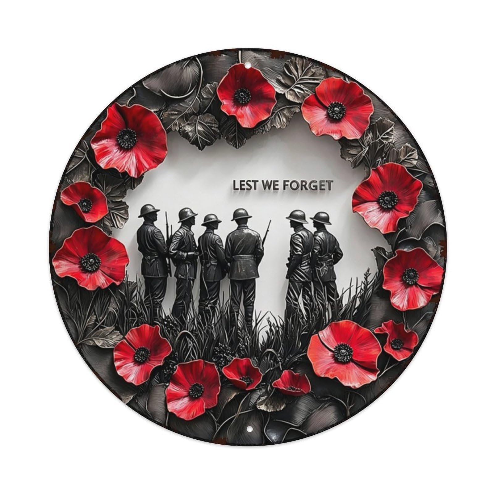 Veteran Memorial Red Flower Embossed Round Plaque Vintage Aluminium Metal Sign, Retro Wall Decor for Home, Bar, Garage & Farmhouse 20x20cm