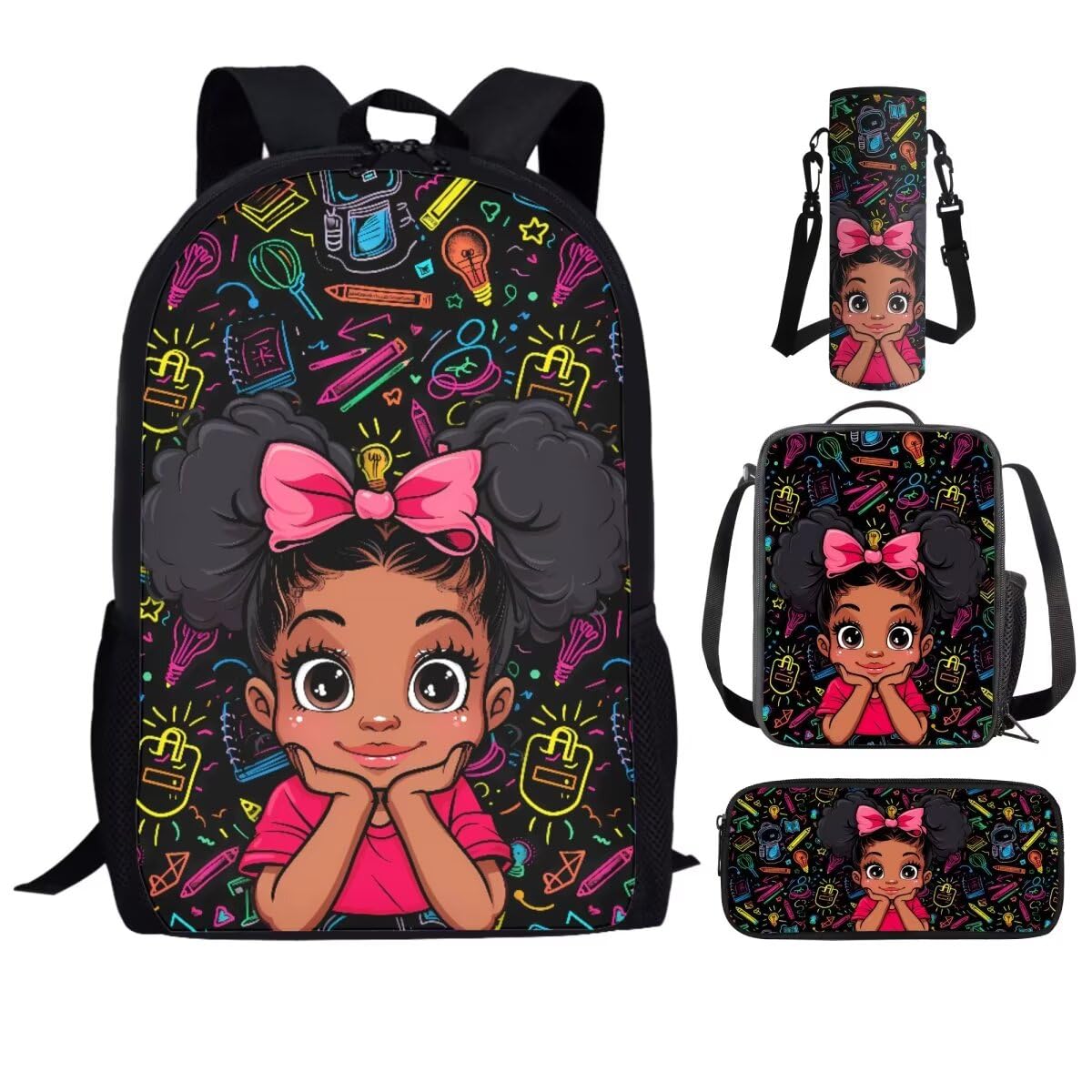 ZUXONGSY African Girls Backpack with Lunch Box Kindergarten/Elementary Afro Magic Bookbag Lunchbag Pencil Penc Case Black Kids Book Bag Lunchbox Water