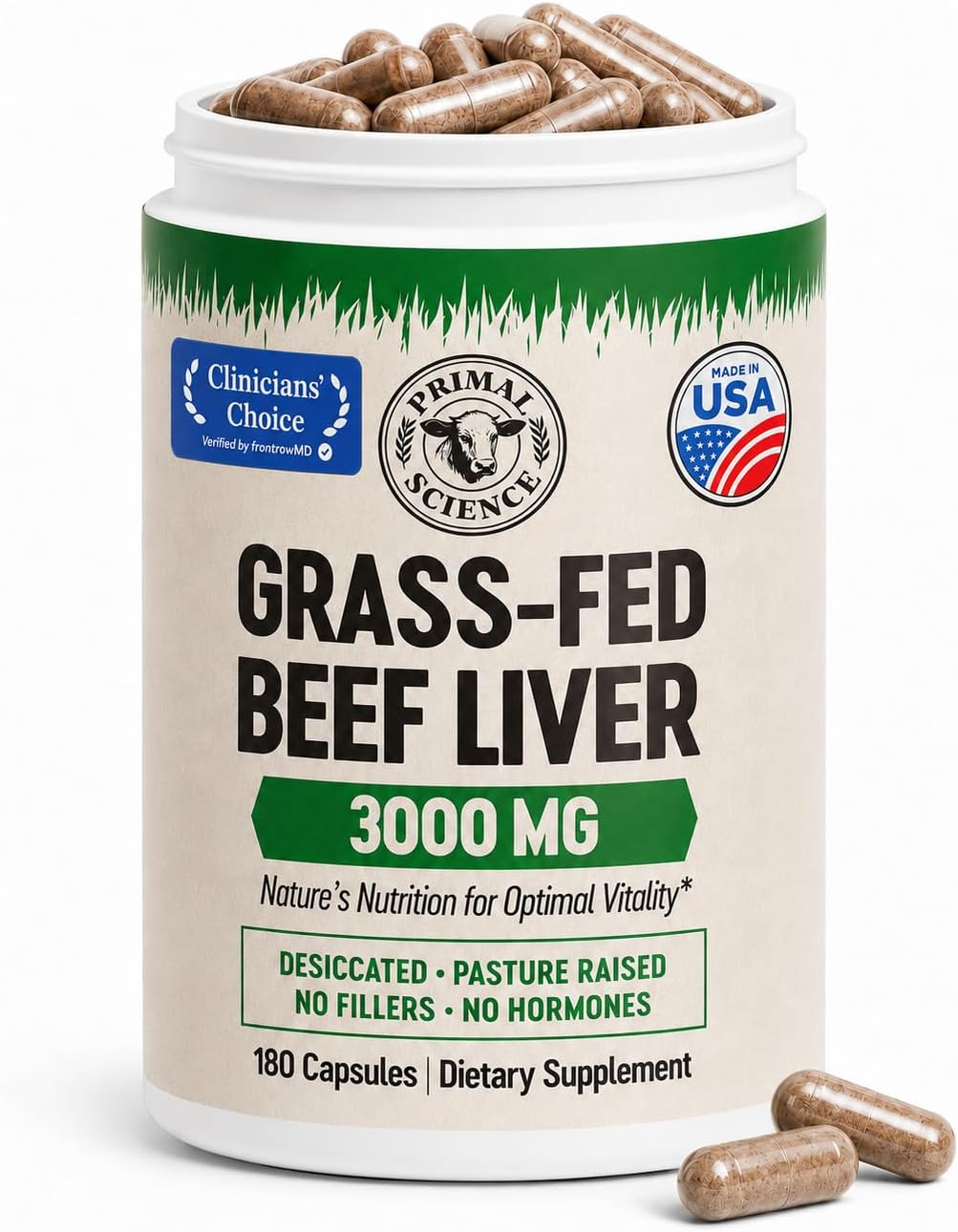 Grass Fed Beef Liver Capsules 3000mg Desiccated Liver Supplement 100% Pasture Raised & Freeze Dried Natural Iron, Vitamin A & B12 for Energy Non-GMO, No Fillers 180 Count