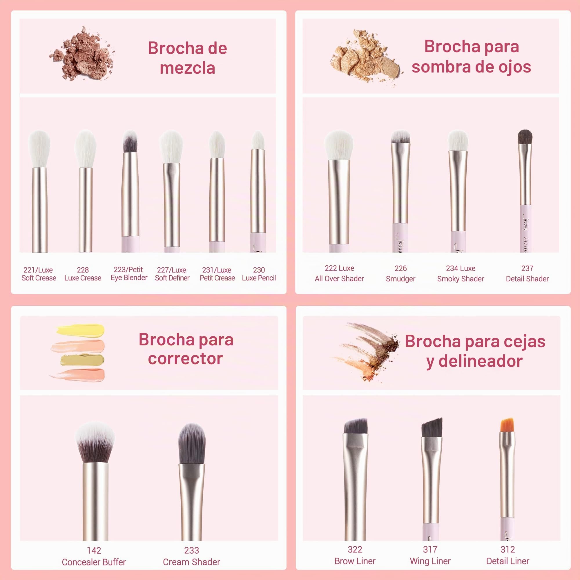 Jessup De Brochas De Maquillaje De Ojos Jessup, 15 Piezas Profesionales, Corrector De Mezcla De Sombras De Ojos, Brochas Para Delineador De Ojos, Blushing Bride T294