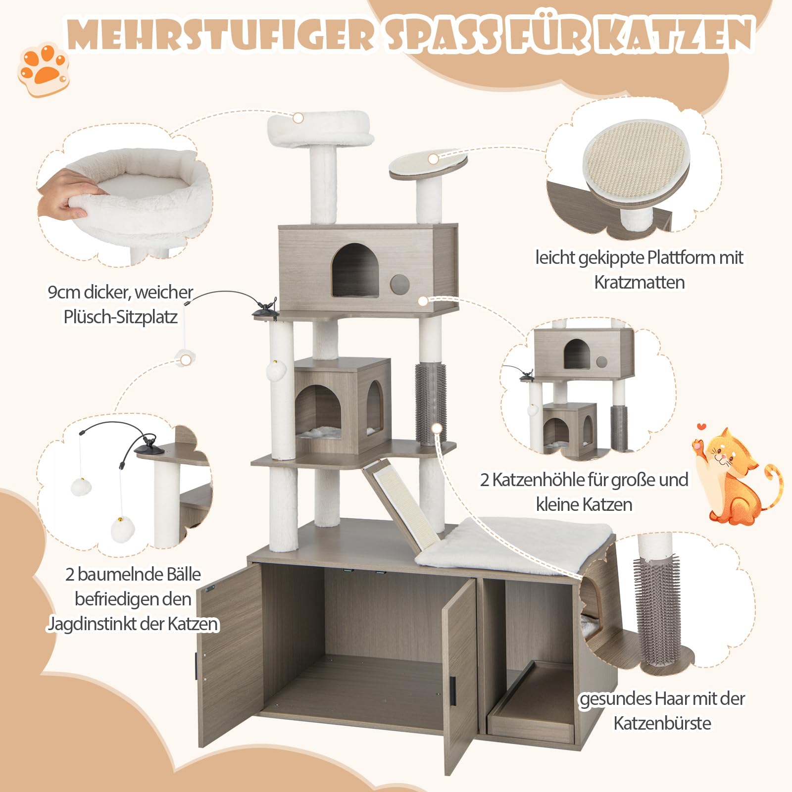COSTWAY Kratzbaum mit Katzenschrank, Katzenbaum mit 2 Höhlen & Kratzbrett & Eingang & Spielball & Kissen & Rampe, All-in-One Katzenhaus, Katzenkratzbaum Groß, Katzenmöbel Katzen, 95x55,5x173cm, Grau