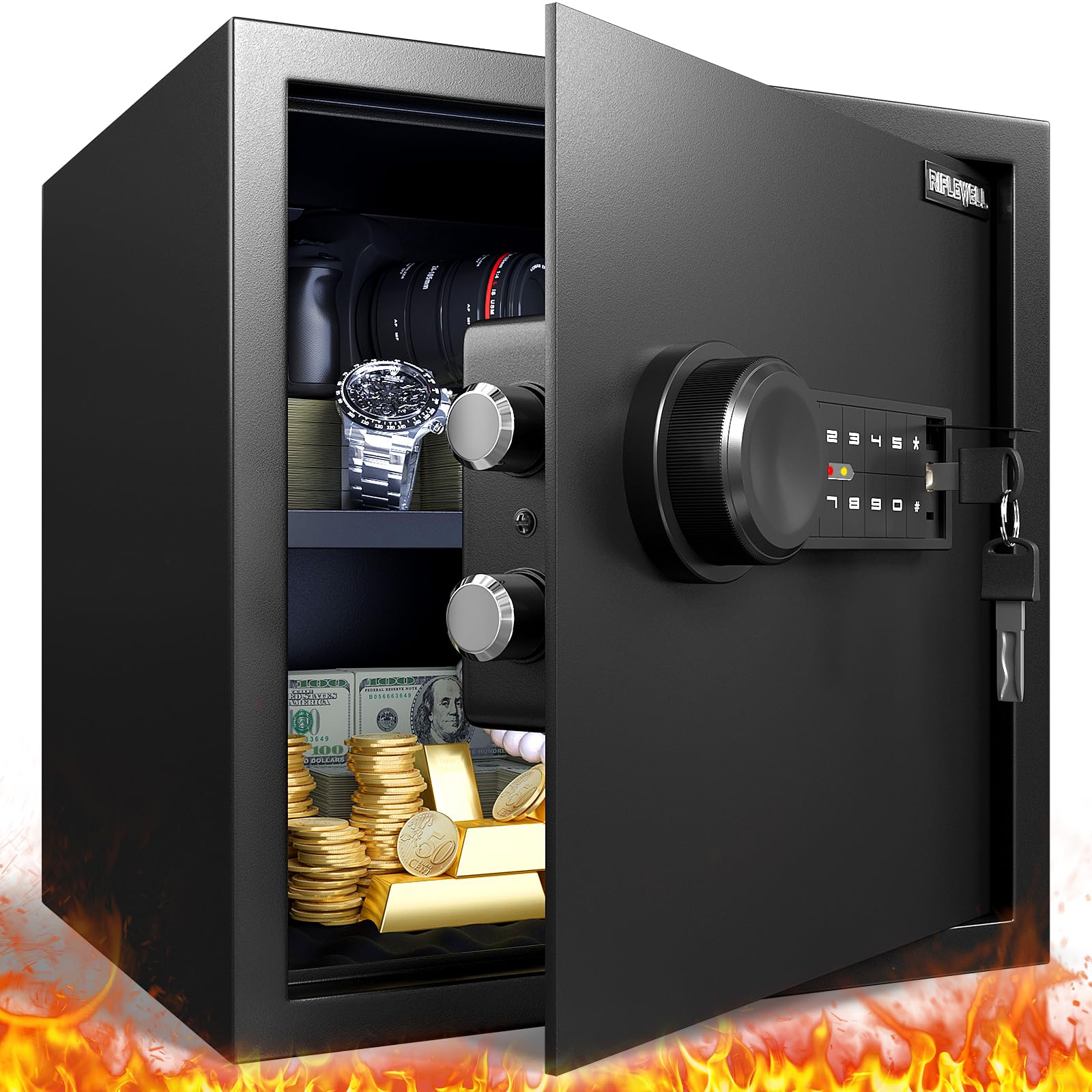 Safe Box Fireproof, Home Safe with Dual Alarm System, Digital keypad and Mute Function, Money Safe with LED Light and Removable Shelf, Safe for Documents Jewelry Valuables (1.67 cu. ft.)