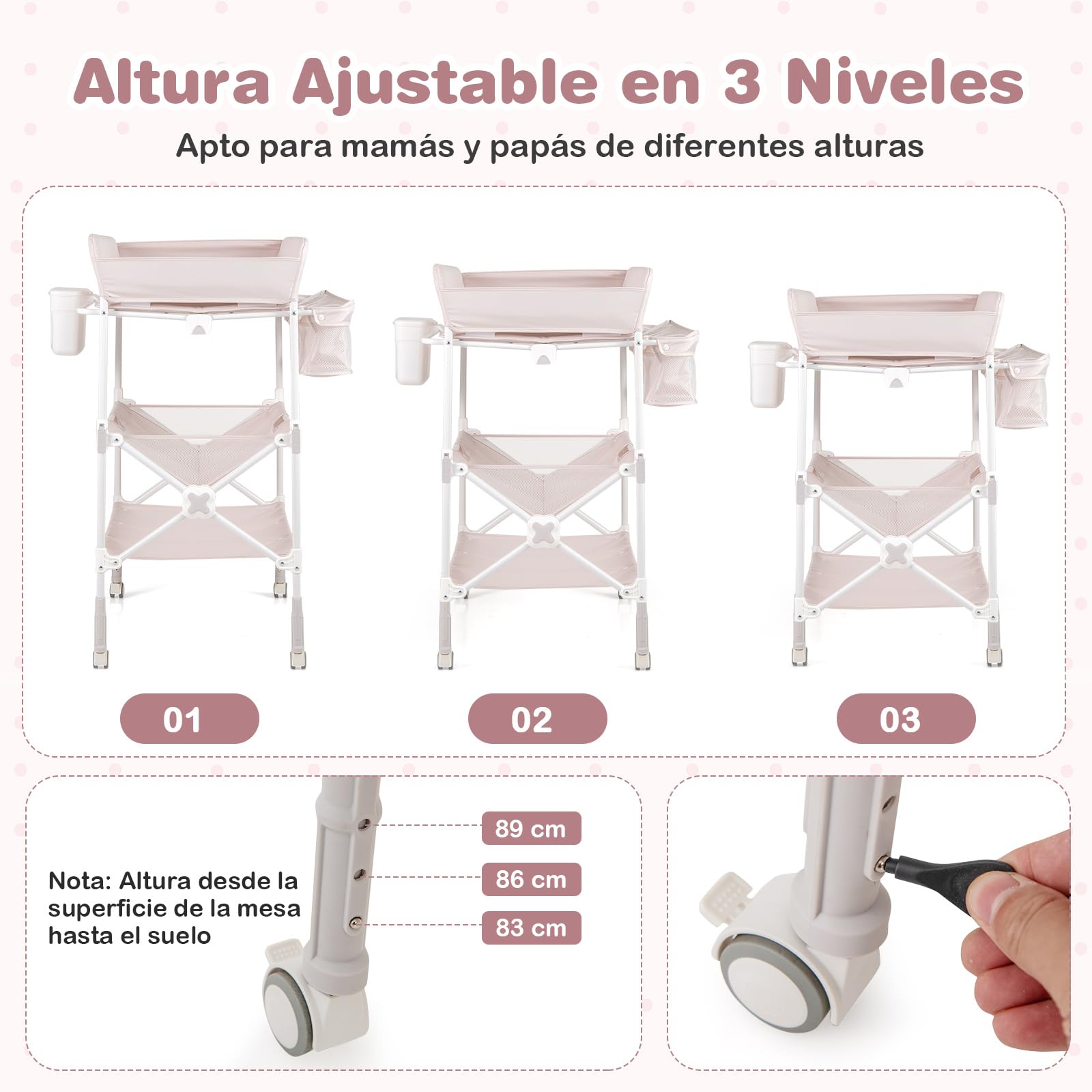 COSTWAY Cambiador Bebé Plegable con Ruedas Bloqueables, Cambiador Portátil Impermeable con 3 Alturas Ajustables, 2 Estantes y Bote de Basura, Cesta de Almacenamiento (Beige)