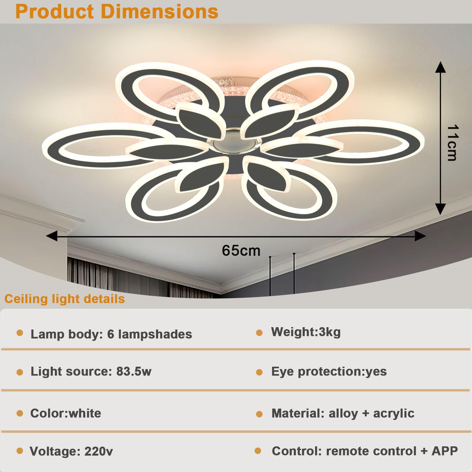 Intelligente Plafoniera Dimmerabile Bluetooth Lampadario,Funzione Di Memoria con Elevata Resa Cromatica Moderno e Senza Sfarfallio Luce Notturna Ceiling Light,per Soggiorno e Camera Da Letto,Nero