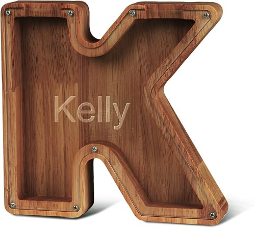 Alcancía con nombre personalizado, 26 letras láser con texto personalizado, banco de monedas de madera, significado educativo, alcancía con nombre