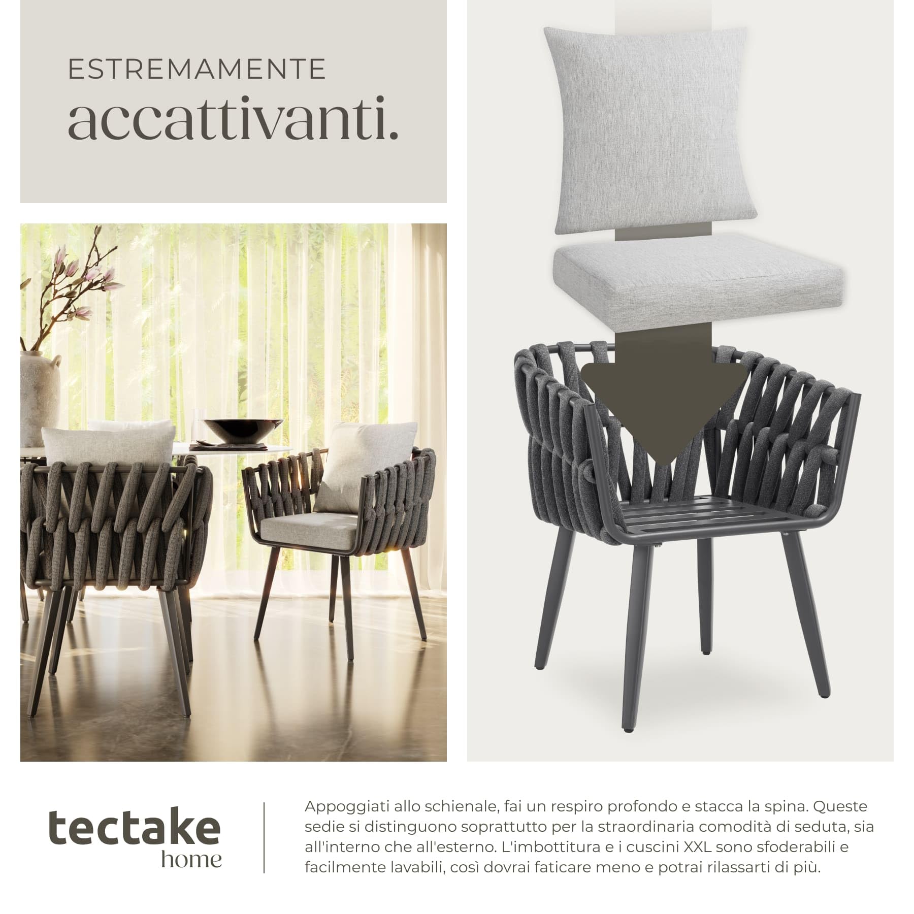 tectake® Set di 2 Sedie da Giardino, Design a Corda, Struttura in Alluminio, Cuscini Extra Spessi e Super Morbidi, Rivestimenti Idrorepellenti e Lavabili, Piedini Regolabili in Altezza - Antracite