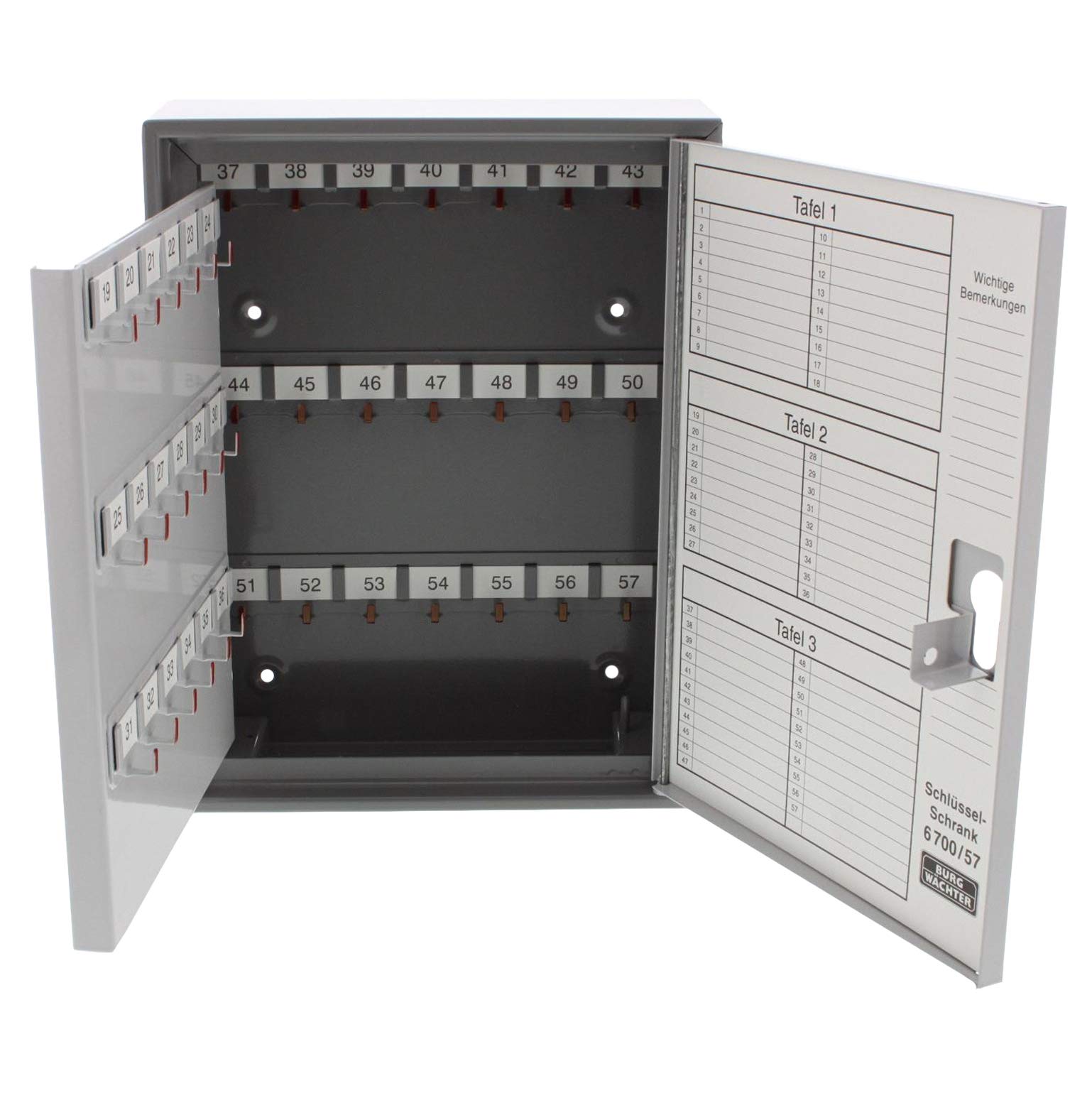 Burg-Wächter Schlüsselschrank zur Wandmontage, vorgerichtet für Profil-Halbzylinder (Normallänge), ohne Zylinder, 57 Haken, Türanschlag rechts, Stahlblech, 6700/57 R V-PZ, Dunkelgrau/Hellgrau