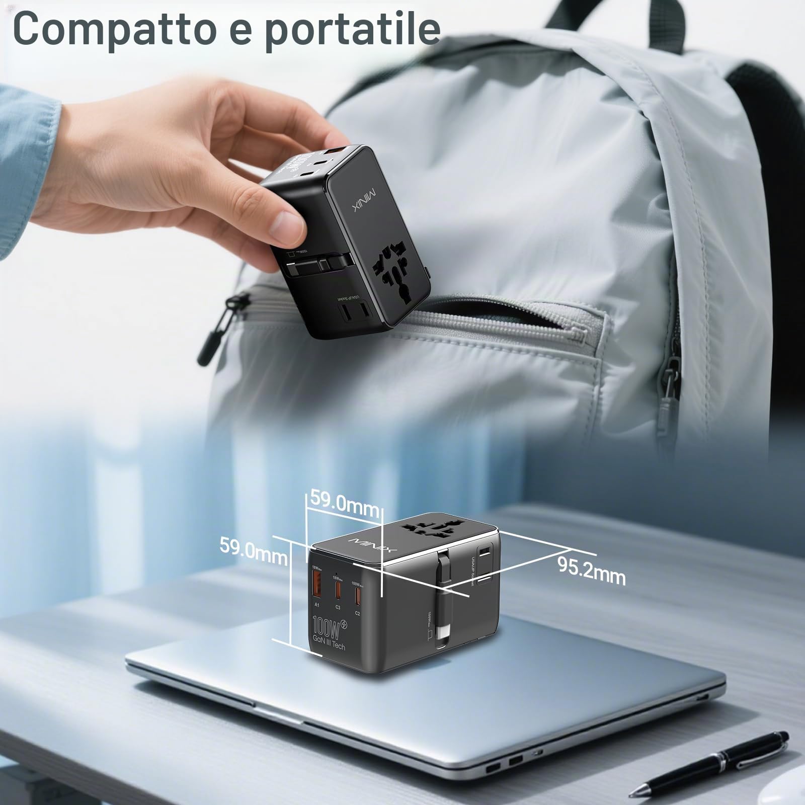 MINIX Adattatore da viaggio universale 100 W con cavo USB C retrattile, PD 3.0 GaN III, porte USB-C * 3 USBA * 1, presa AC, caricatore da viaggio globale per computer portatili tablet telefoni