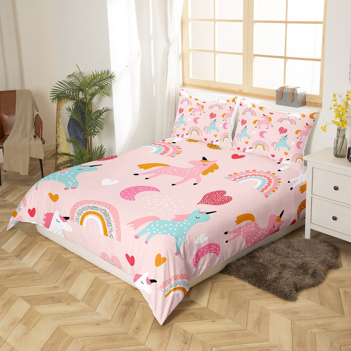 Loussiesd Einhorn Bettwäsche 135x200 Kinder Mädchen Bettbezug Rosa Regenbogen Mikrofaser Mit Reißverschluss
