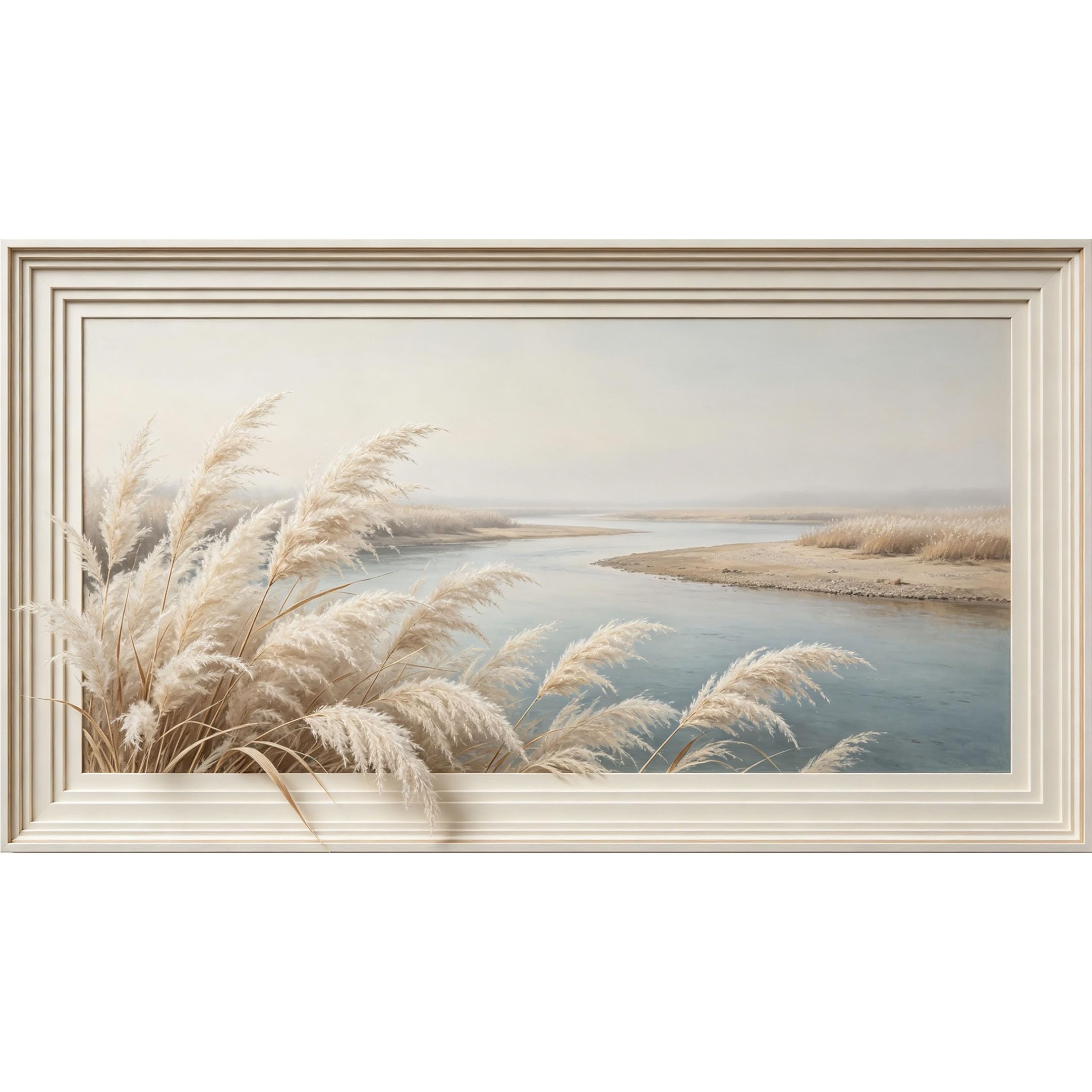 QZLITHOTIC 50×90cm3D Framed Wall Art， Beige Pampas Reed River Landscape Self?Adhesive Mural， Water?Activated Peel & Stick Fabric Decor Wall Decal for Bedroom Living Room