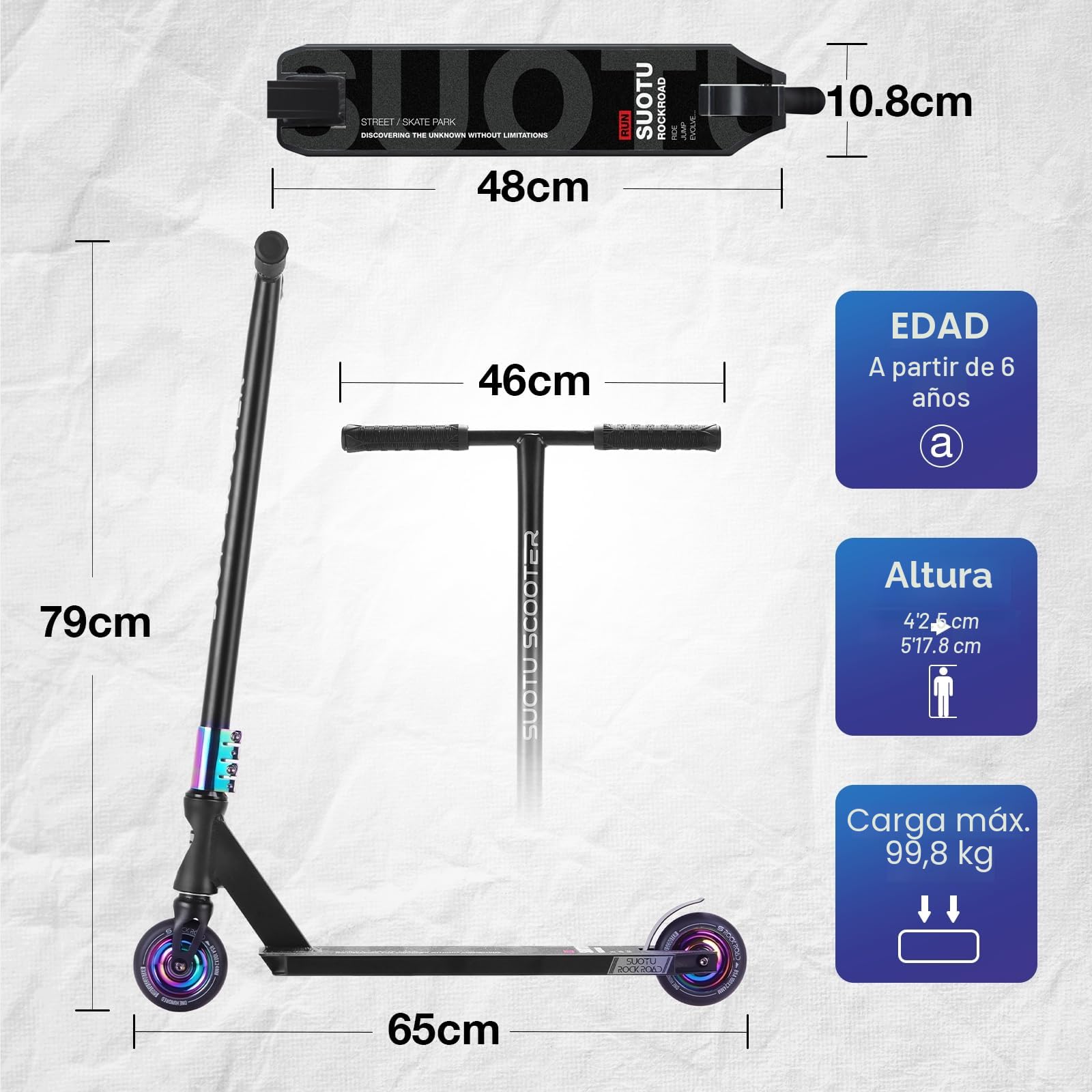 Patinete Freestyle, Dirección de 360°, Ruedas de PU de 85A 100 mm, Scooter Freestyle para Niños Adolescente y Adultos, Capacidad Máxima de Carga: 100 kg, Aluminio (Negro– Arcoíris)