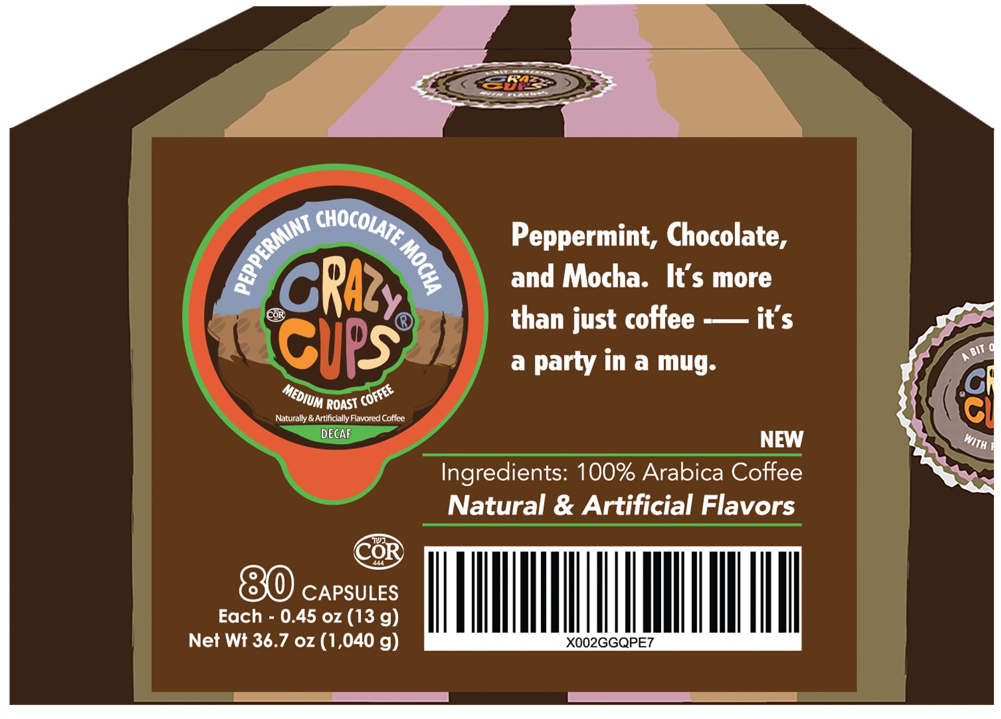Crazy Cups Aromatyzowane kapsułki do kawy bezkofeinowej, bezkofeinowa miętowa czekolada mokka, bezkofeinowa kawa pojedyncza porcja do ekspresów Keurig K, gorąca lub mrożona kawa, średnia palona kawa w