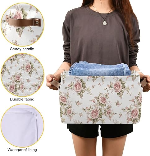 Miniatura 8 de ALAZA Caja de almacenamiento plegable con hojas de rosas rosadas, canastas organizadoras con asas para estantes, armario, sala de estar, dormitorio,