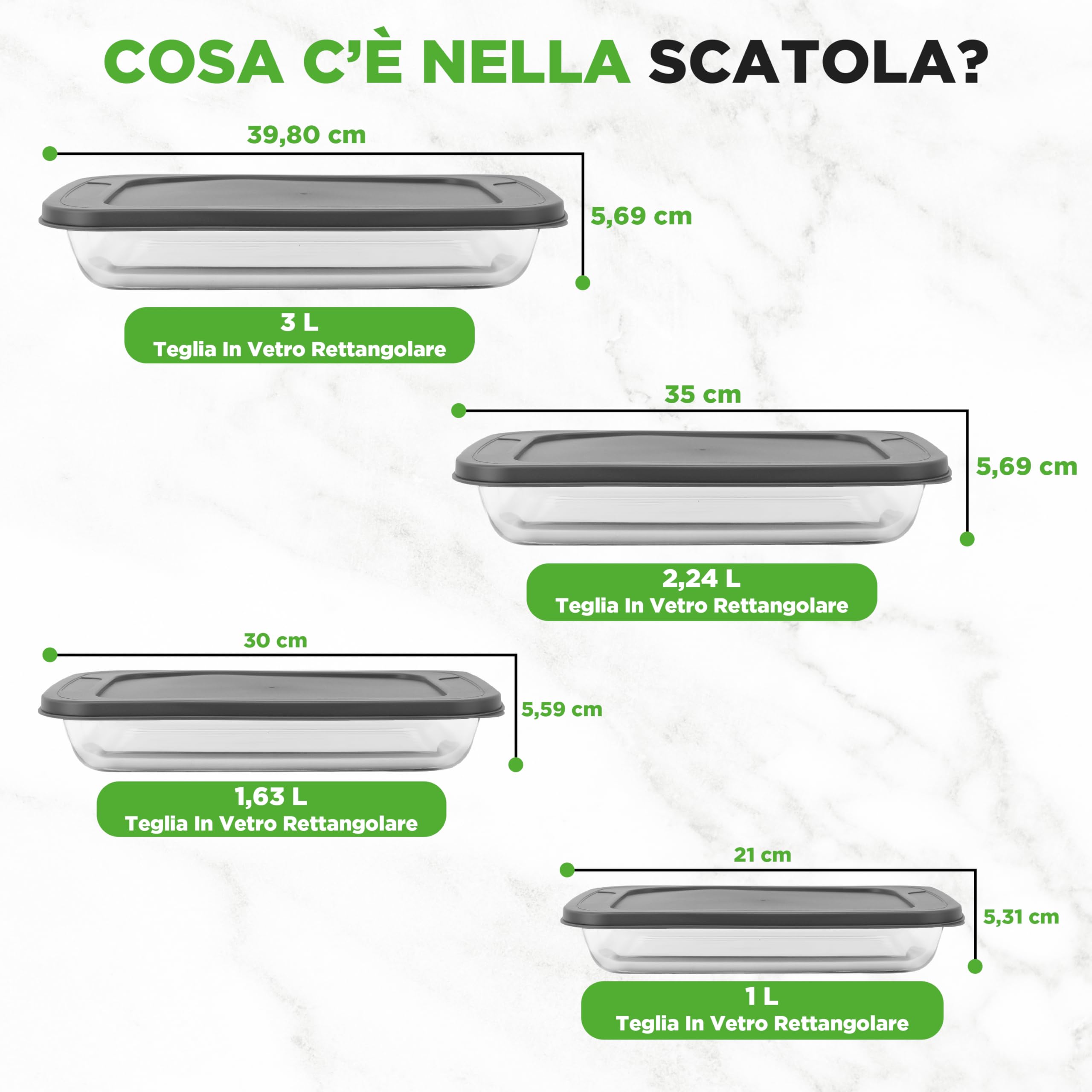 NutriChef Set 4 Pezzi Stampo per Lasagna, Dolci e Pasta, Tiramisu, Contenitori Vetro per Alimenti, Ideale per Verdura e Frutta, Freezer, Forno, Lavastoviglie, Coperchio senza BPA, Grigio