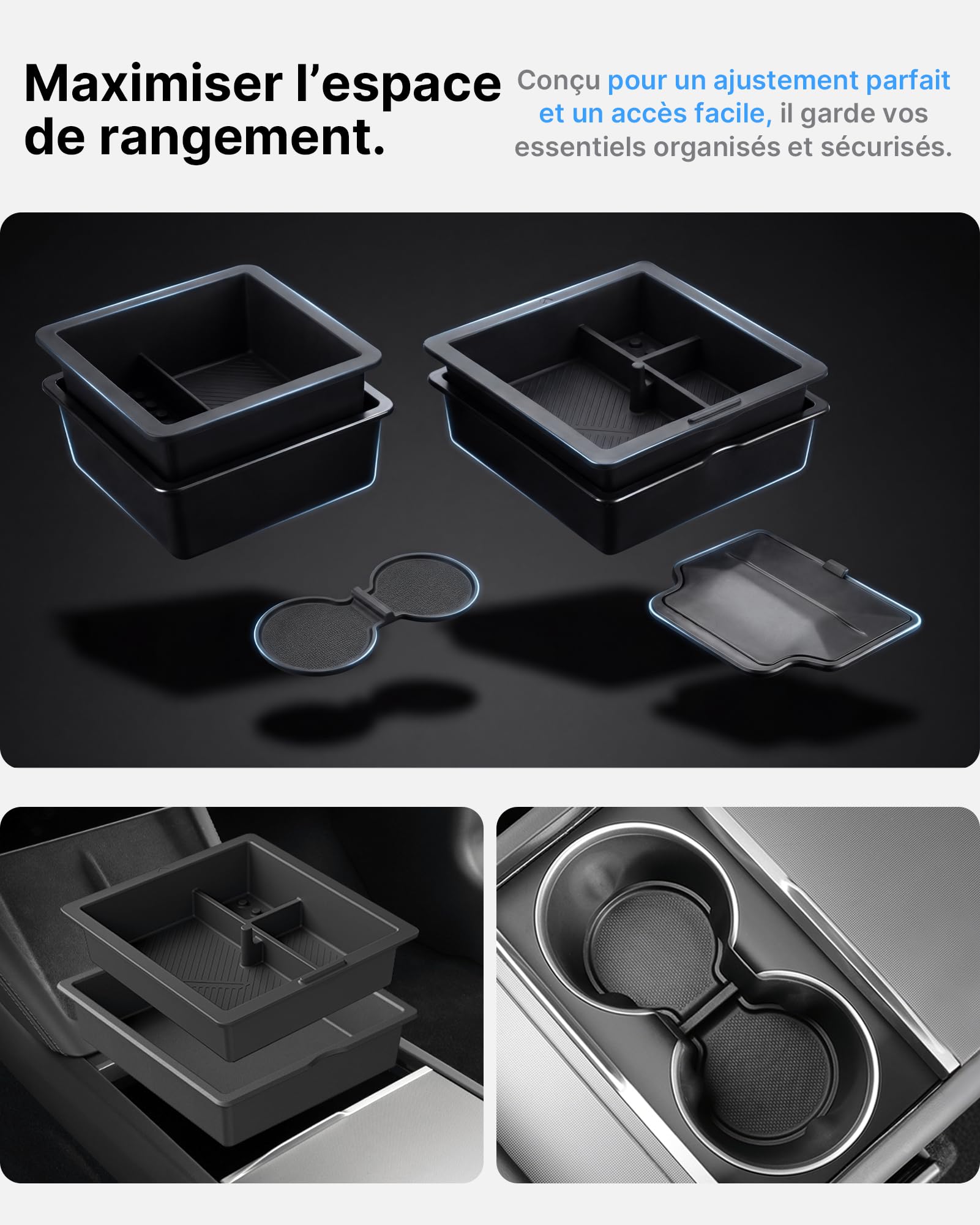 4 Plateaux Organisateurs Console Centrale pour Tesla Model 3 Highland 2024-2026 & Model y Juniper 2025-2026 (Premium/Performance), Boîte Magnétique Cachée Antidérapant Sans Outils