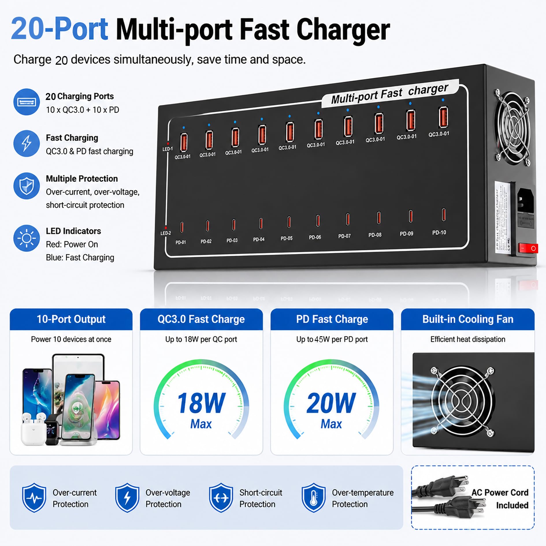 Estación de carga USB de 400 W, 20 puertos (10 USB C + 10 USB A) estación de carga rápida, protección inteligente, soporta carga rápida para MacBook, iPhone, teléfono Android, iPad, tabletas y otros