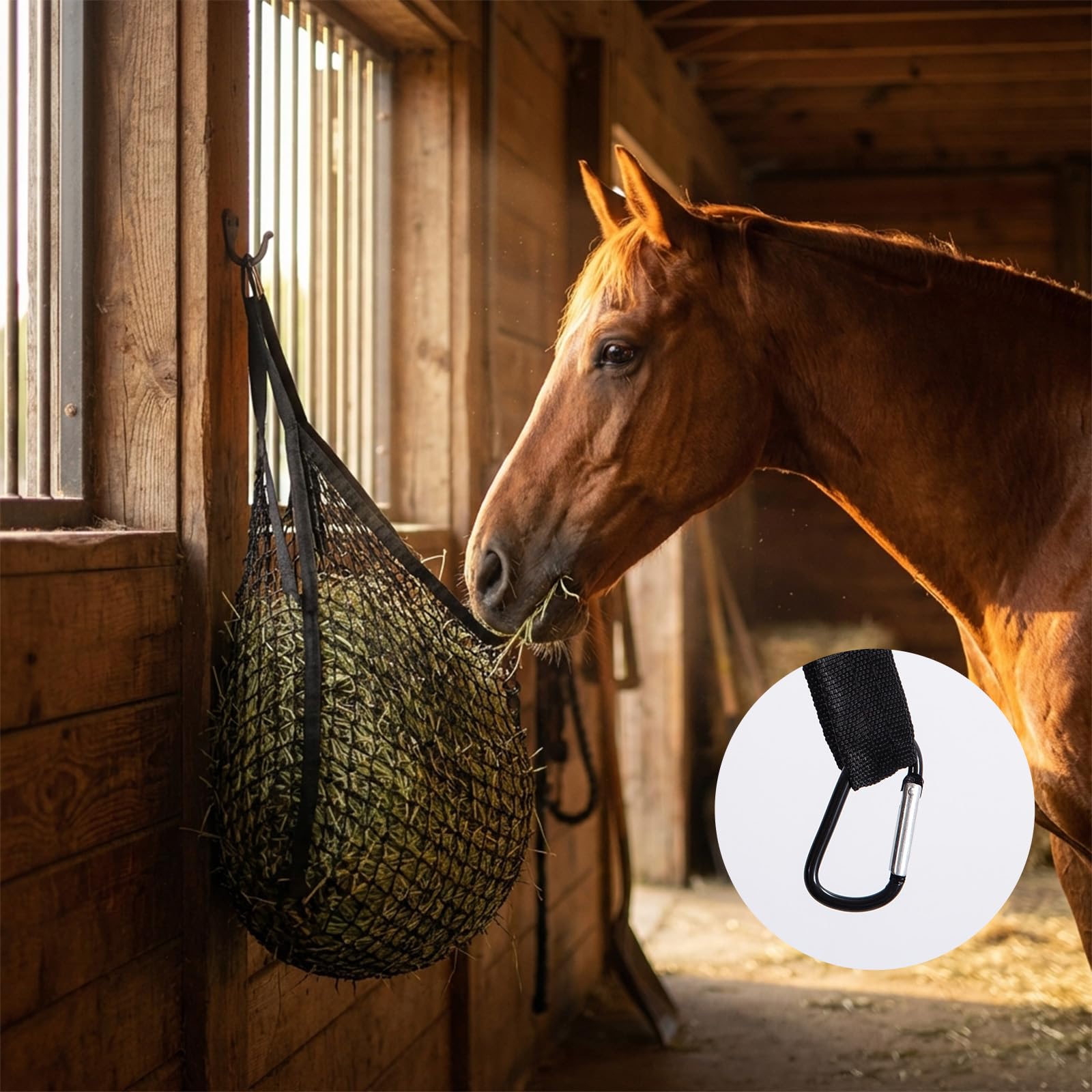 Rete da fieno per cavalli, ca. 15 kg, Heusack per cavalli grande 90 × 120 cm, 4,5 cm, rete da fieno a maglia stretta – Heusack cavallo con 2 robusti moschettoni, Slow Feeder