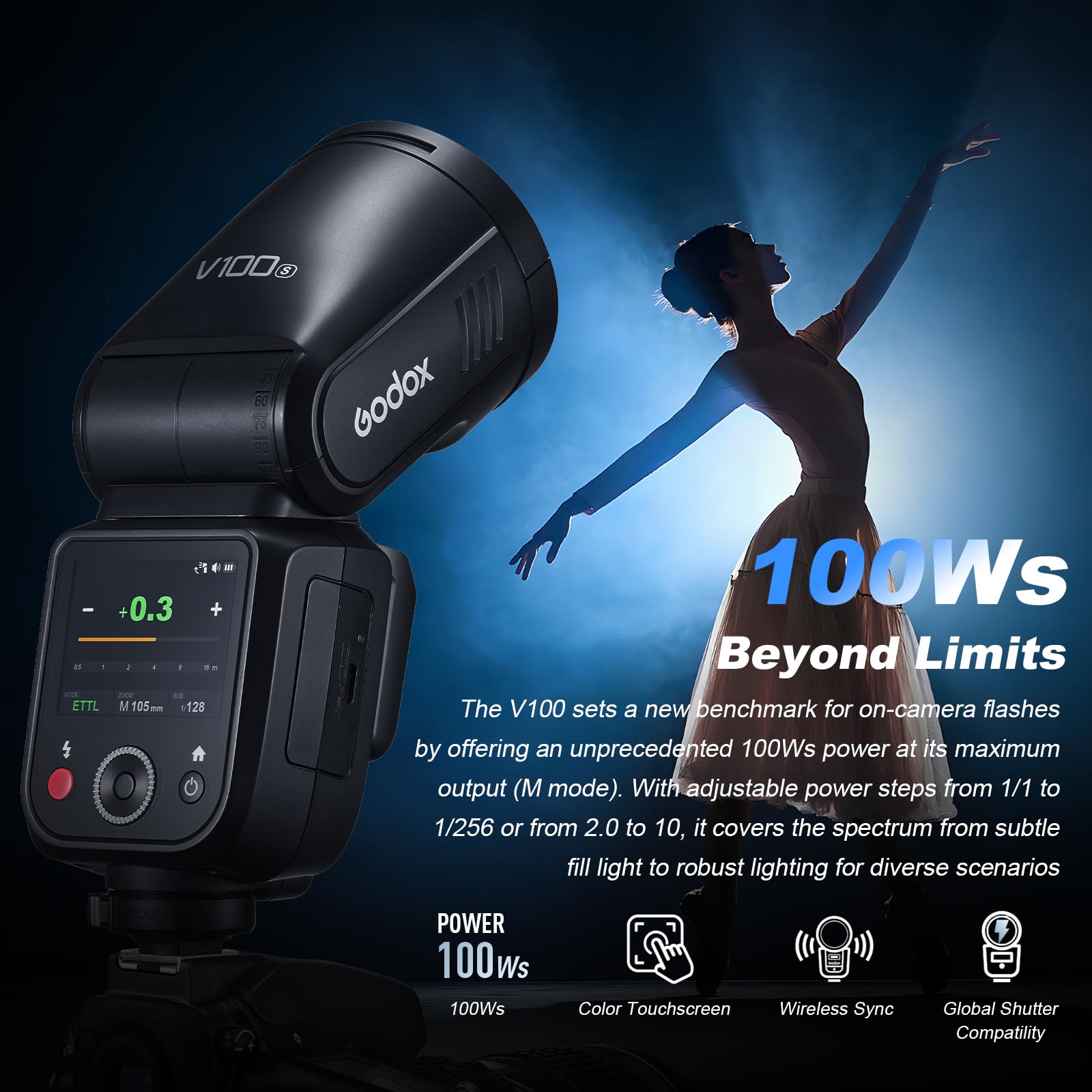 Godox V100-S V100 S Testa Rotonda Fotocamera Flash TTL Speedlite 2.4G Wireless TTL Speedlight Strobe, 100Ws HSS 1/8000s con Batteria agli ioni di litio per Fotocamere Sony