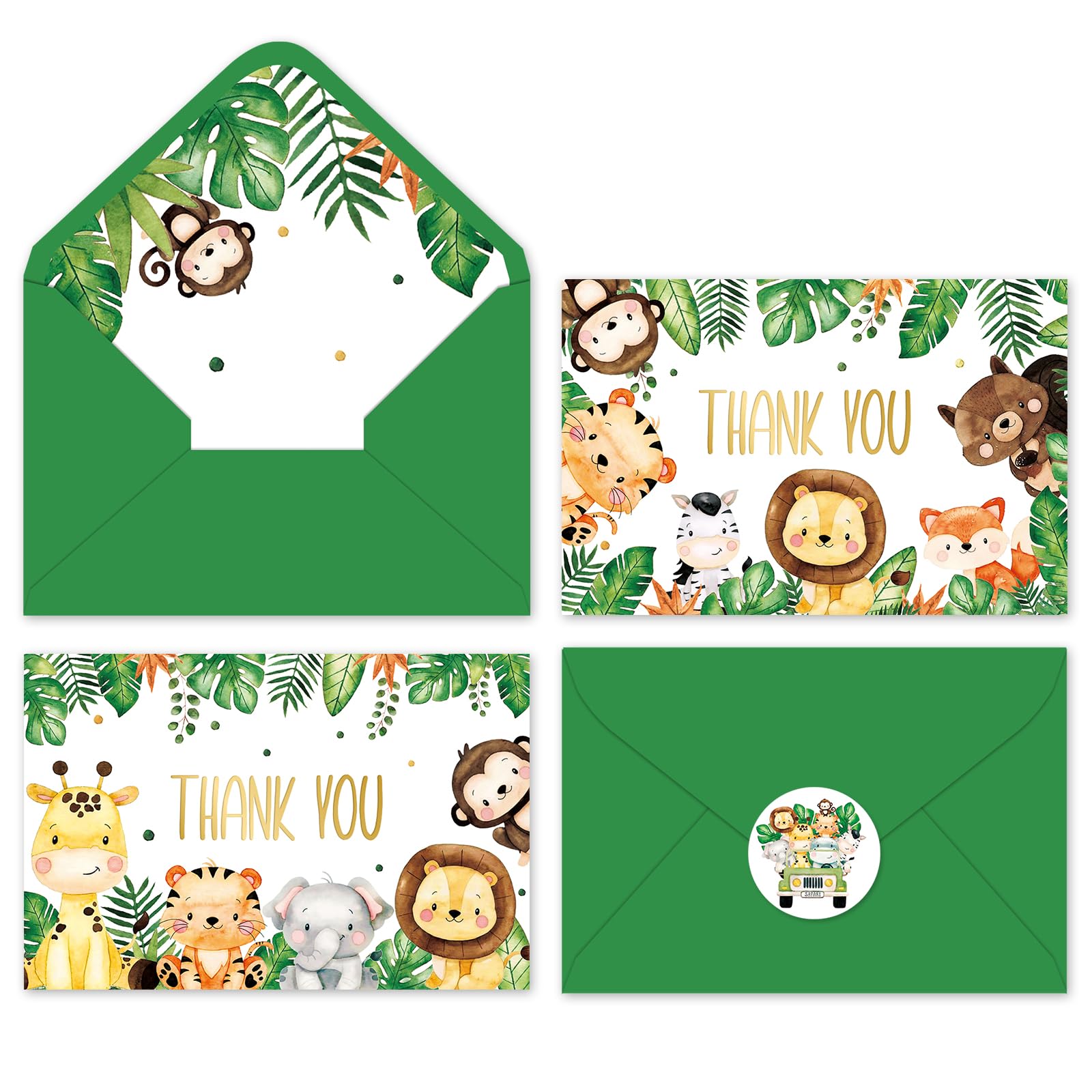 FYSUIMU 50 Pack Safari Jungle Thank You Cards with Envelopes Stickers Jungle Animals Greeting Cards Watercolor Forest Animal Cartoon Blank Note Cards