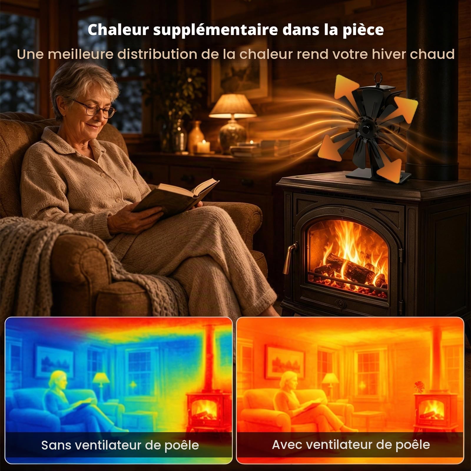 Ventilateur Poele à Bois, Ventilateur Poele à Granulés sans Électricité