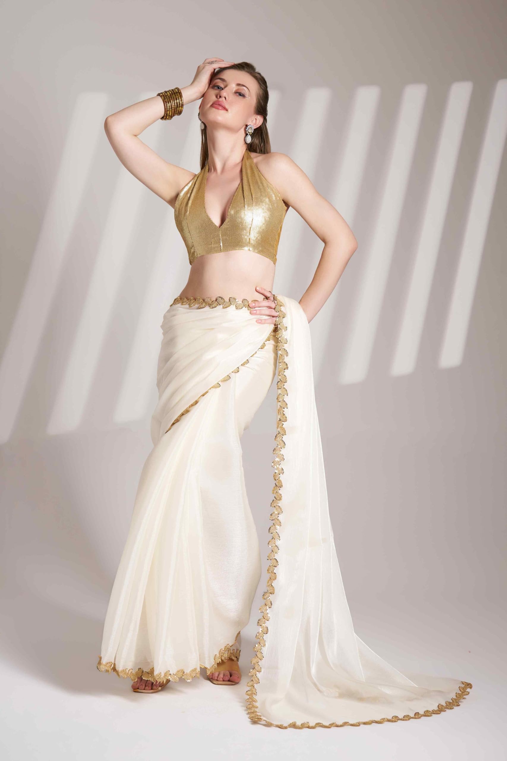 Shiv Textiles Women's Brasso Lace Border Saree(Klis-901-White)