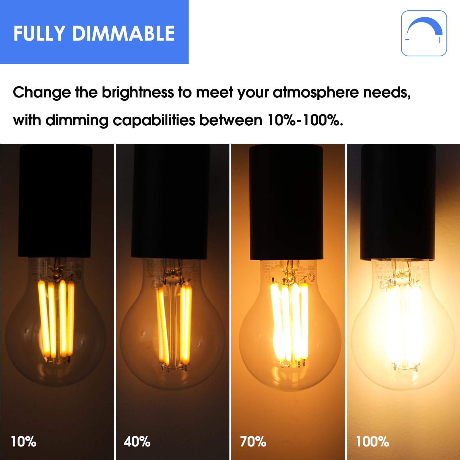 Energetic Ampoule LED Edison A19 à intensité variable, équivalent à 12 W, 100 W, 1600 lm haute luminosité, blanc doux 2700 K, spot à filament LED antique transparent pour la maison, salle de bain