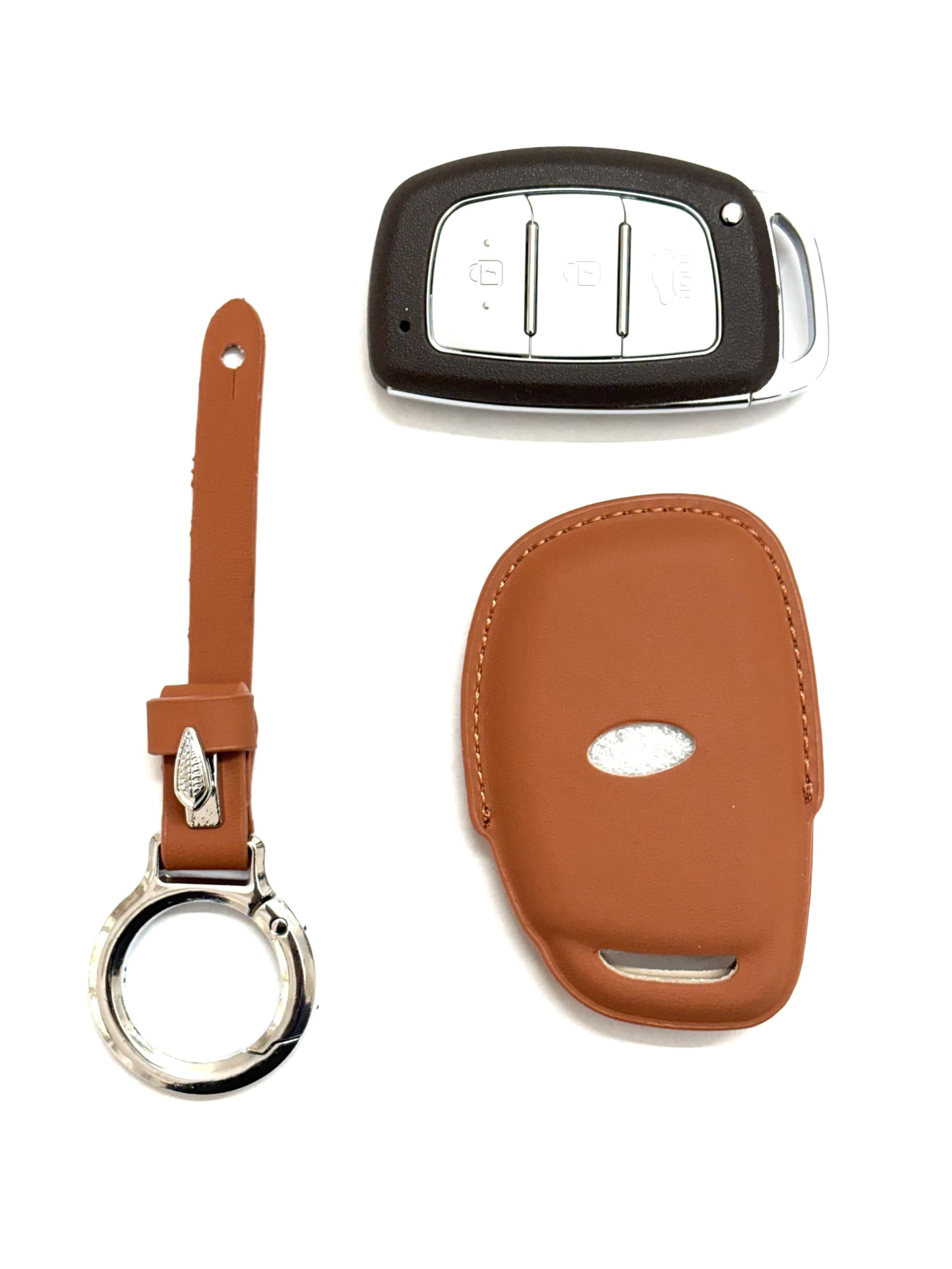 Leather Key Fob Cover with Keychain for 3-Button Smart Key, Brown, Protective Case with Metal Ring-image-29