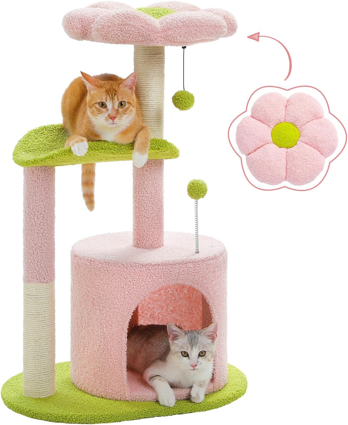 PAWZ Road Flower Cat Tree Pink 32” Small Cat Tower Cat Scratching Post with Curved Perch, Cozy Cats Condo Removable Flower Bed for Kittens and Small Cats-Pink